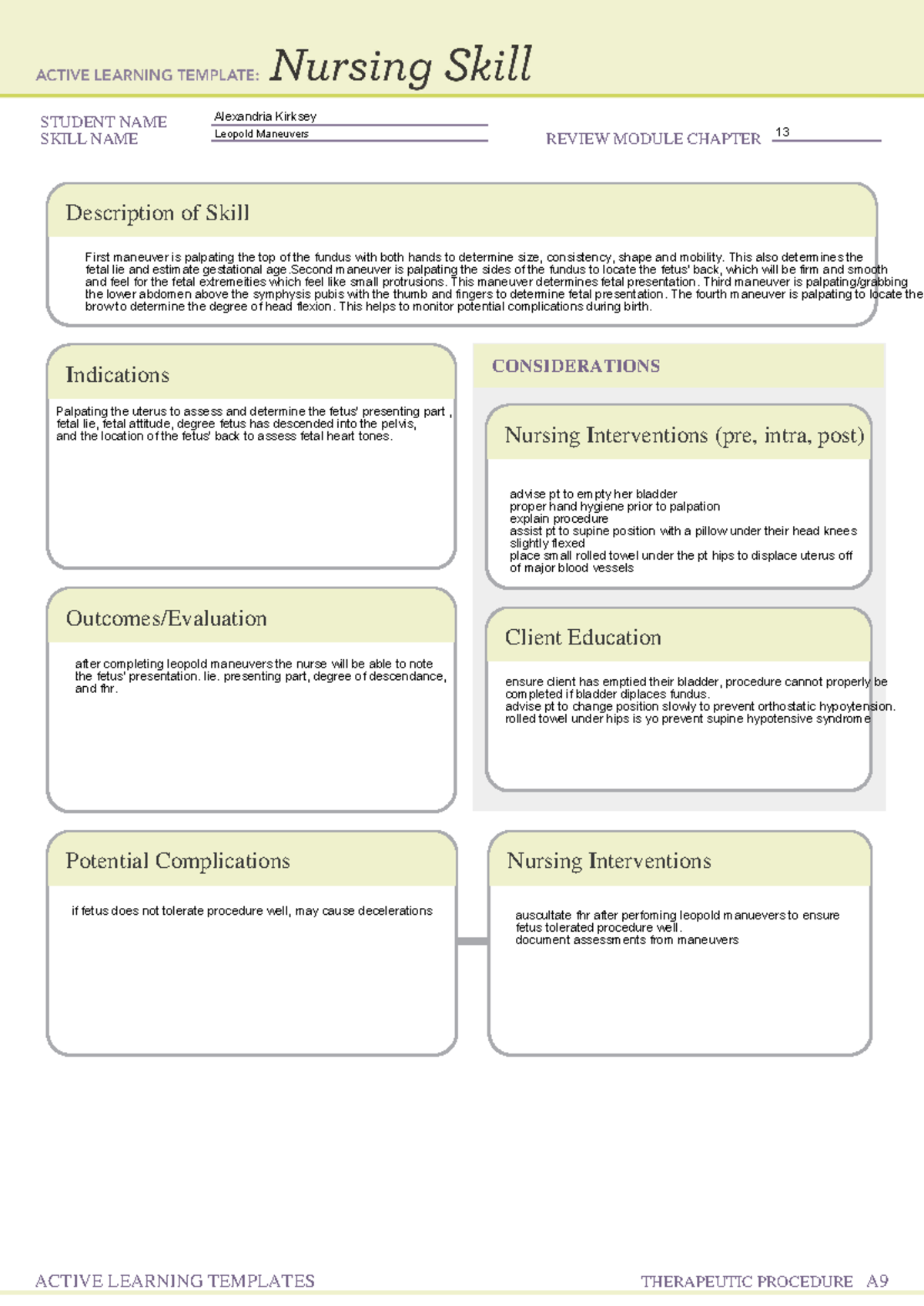 Leopold Maneuvers ATI LEARNING TEMPLATE - STUDENT NAMESKILL NAME ...