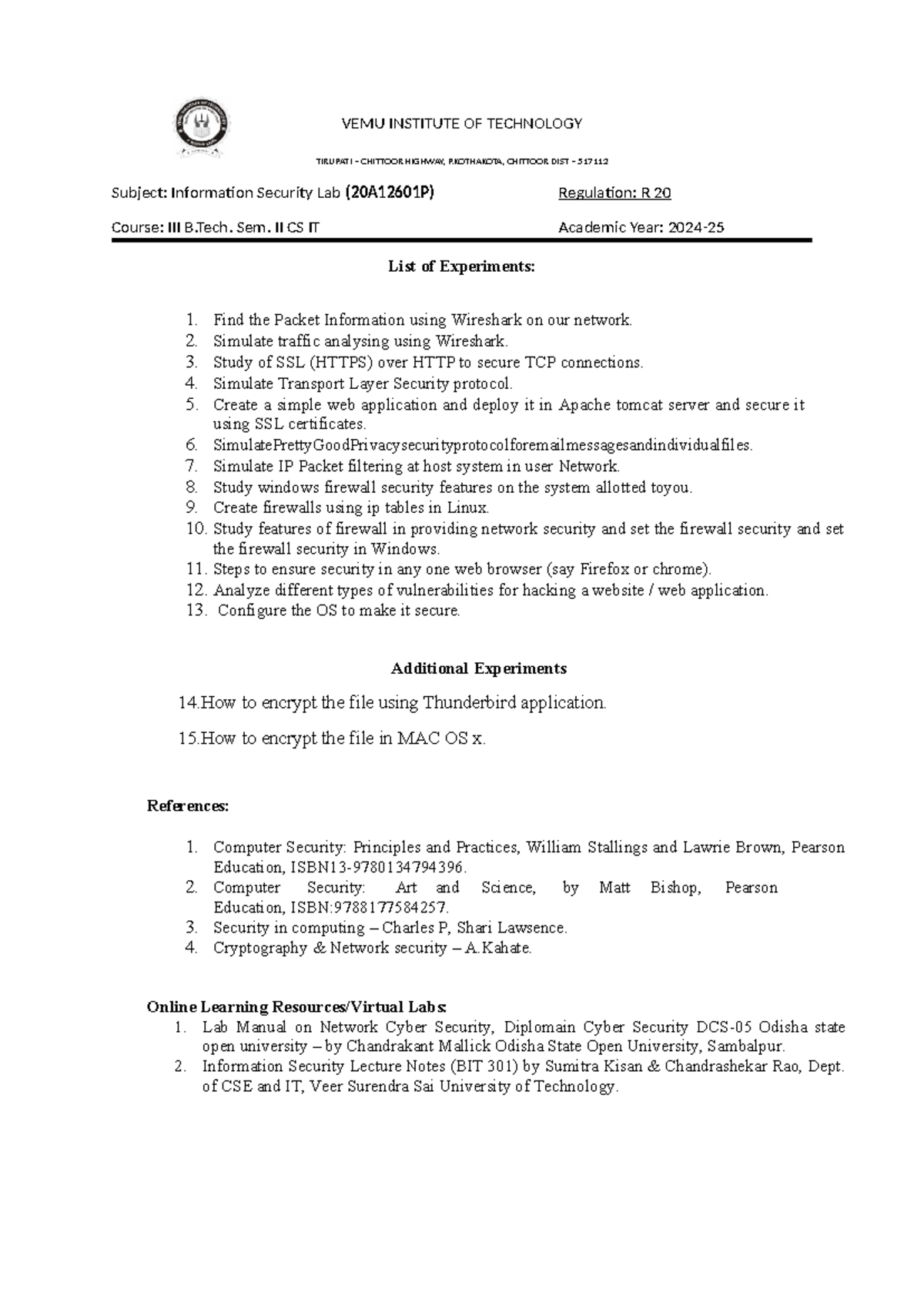 Information Security Lab Experiments (20A12601P) - B.Tech Sem II - Studocu