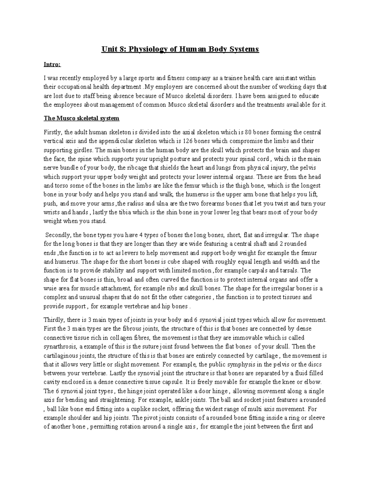 Unit 8A: Understanding Human Body Systems and Musculoskeletal Disorders ...