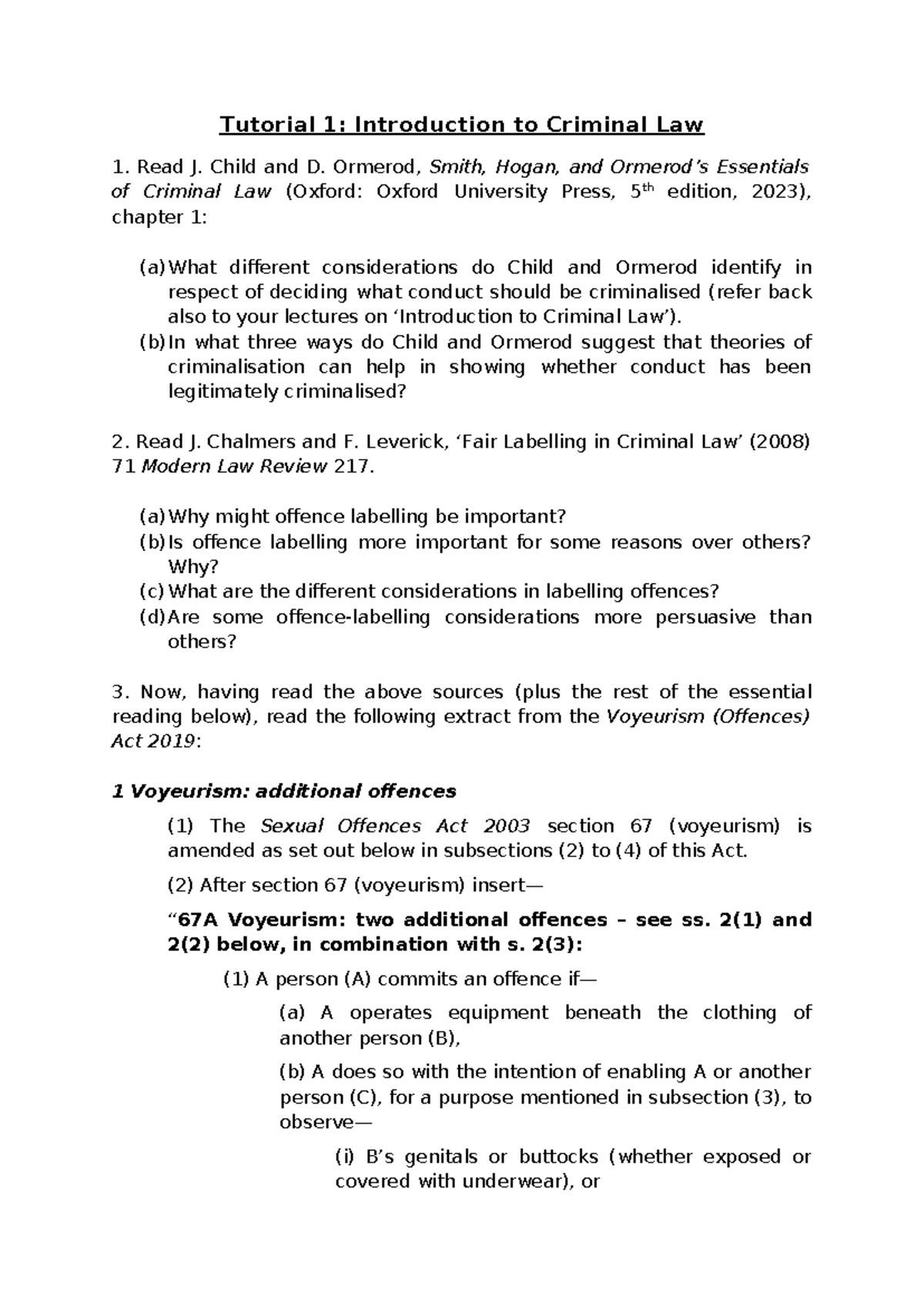 Tutorial 1: Key Concepts in Criminal Law and Offence Labelling - Studocu