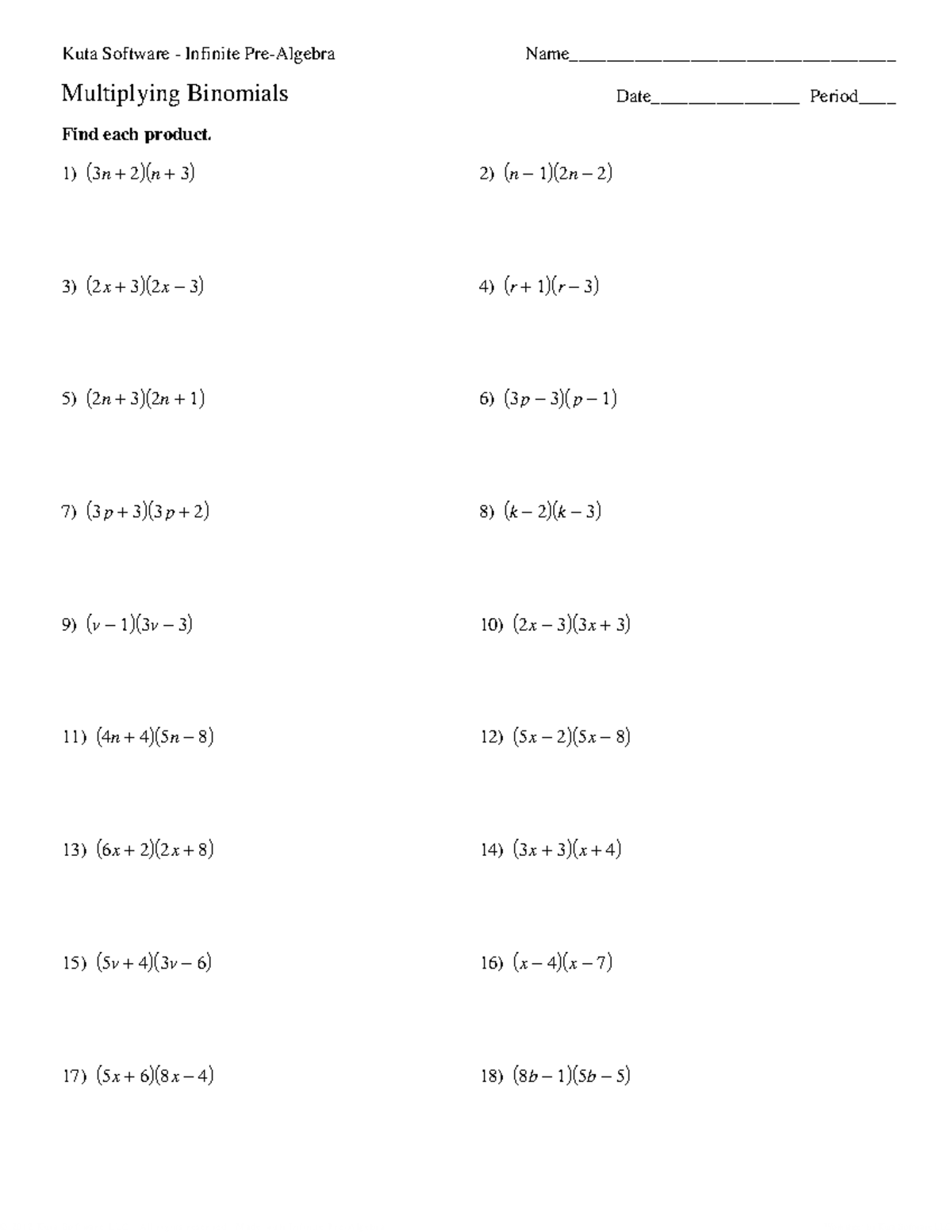 Multiplying Binomials Worksheet - Pre-Algebra Practice - Studocu