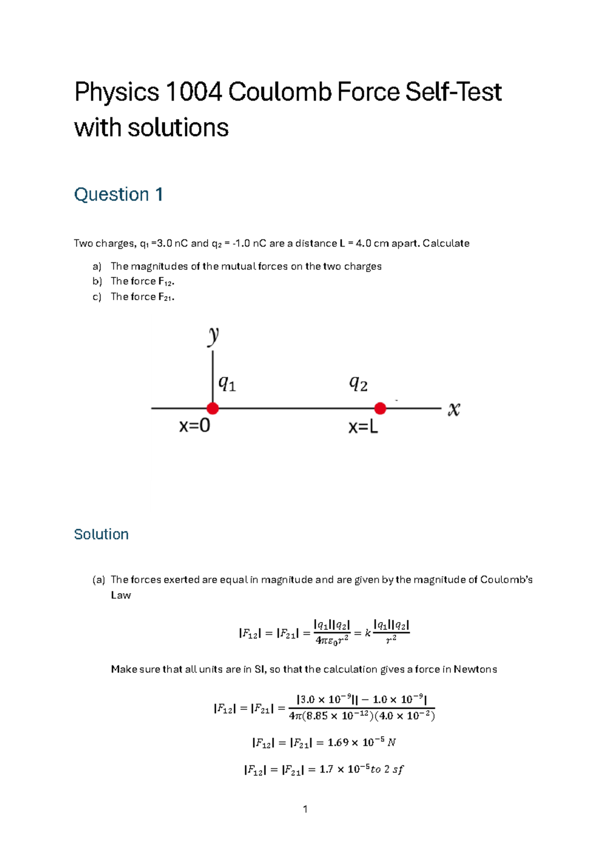 Self Test 1 Coulomb Force Solutions - Physics 1004 Coulomb Force Self ...