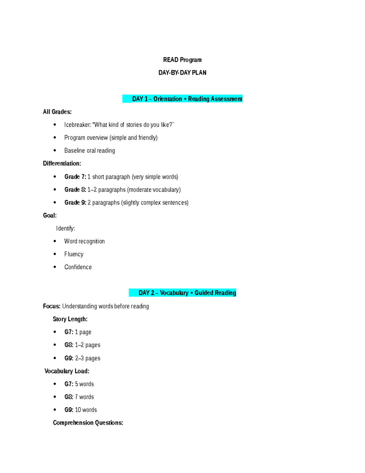 5-Day Reading Program (READ) - Orientation & Assessment Notes - Studocu