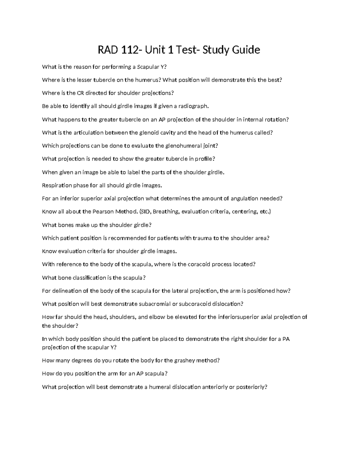 RAD 112 - Unit 1 Test Study Guide: Shoulder Girdle Projections ...