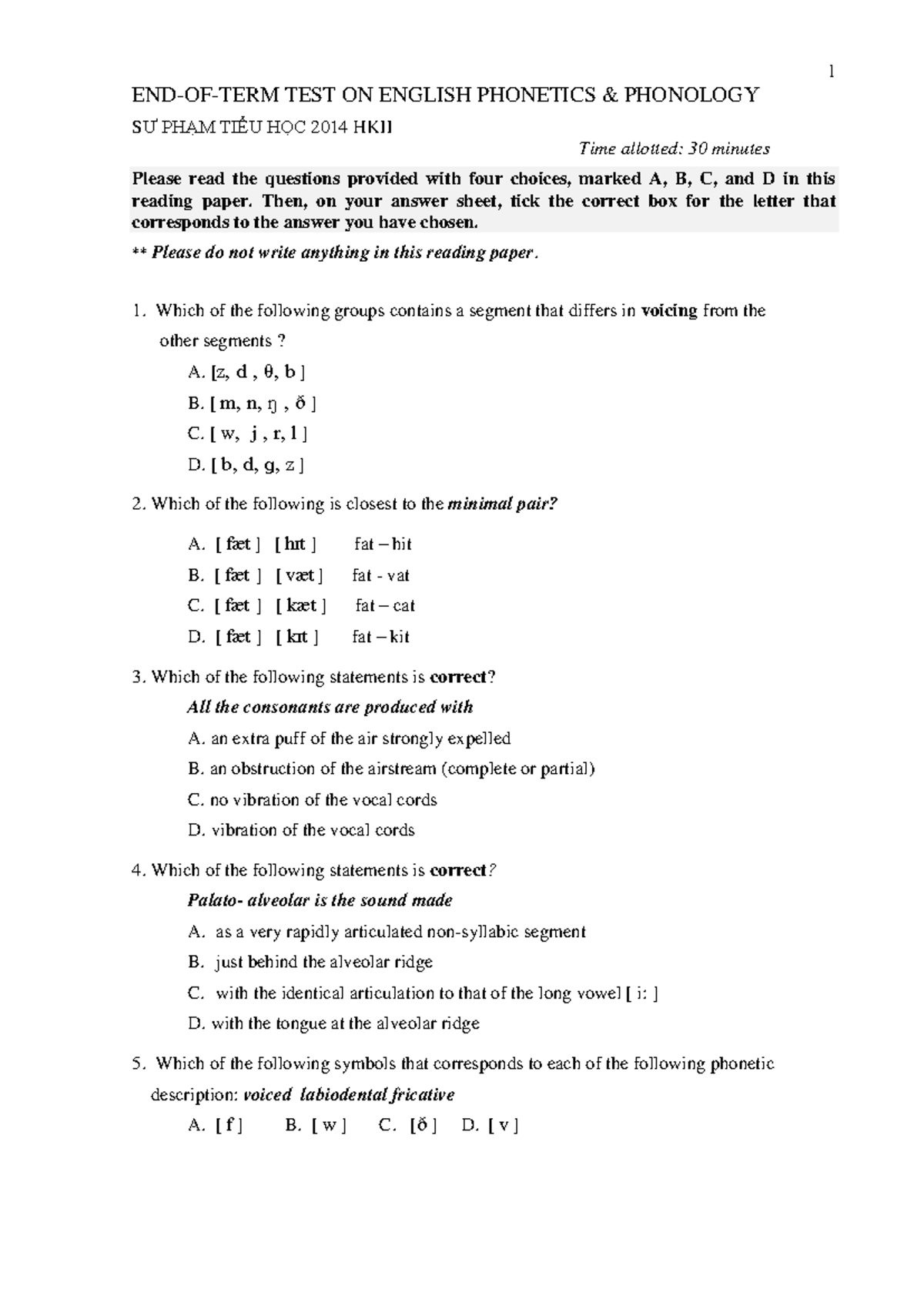 Sample Phono 2 - END-OF-TERM TEST ON ENGLISH PHONETICS & PHONOLOGY SƯ ...