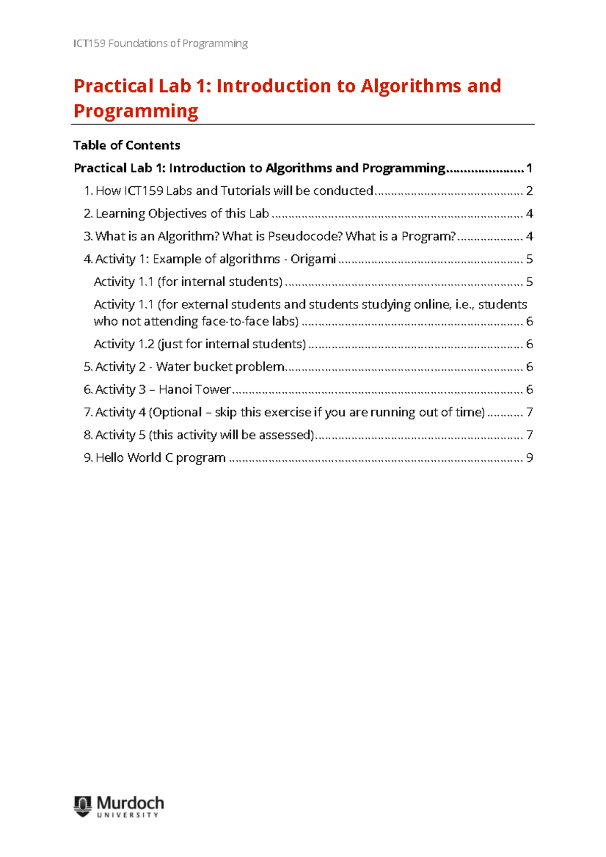 ICT159 - Lab1 - Introduction to Algorithms and Programming - ICT159 ...