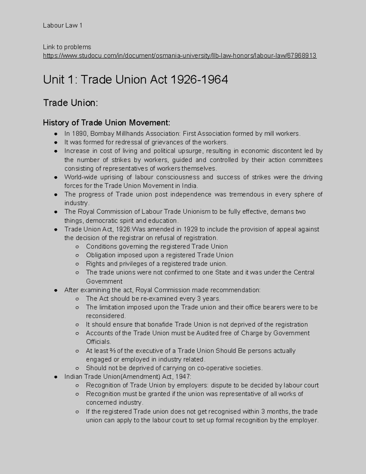 Labour Law 1: Comprehensive Notes on Trade Union Act and Industrial ...