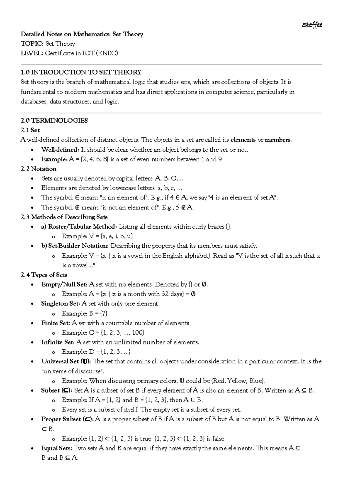 Detailed Notes on Set Theory for Certificate in ICT (KNEC) - Studocu
