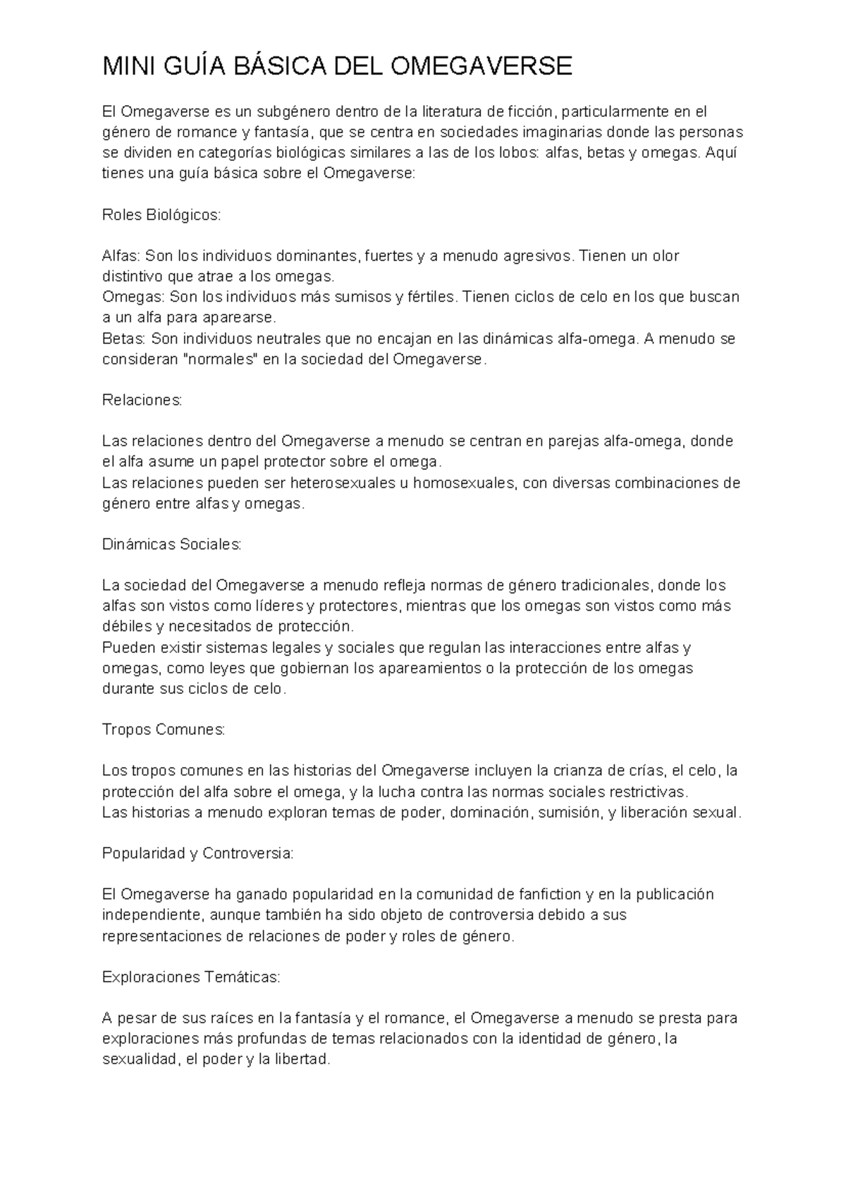 Guía Básica del Omegaverse: Estructura y Temáticas Sociales - Studocu