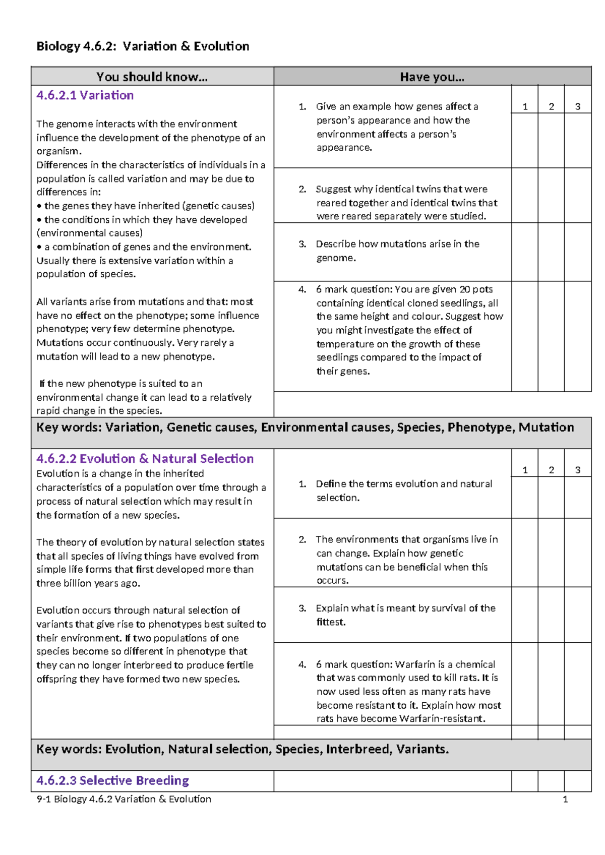 Biology 4.6.2: Variation and Evolution Study Notes - Studocu