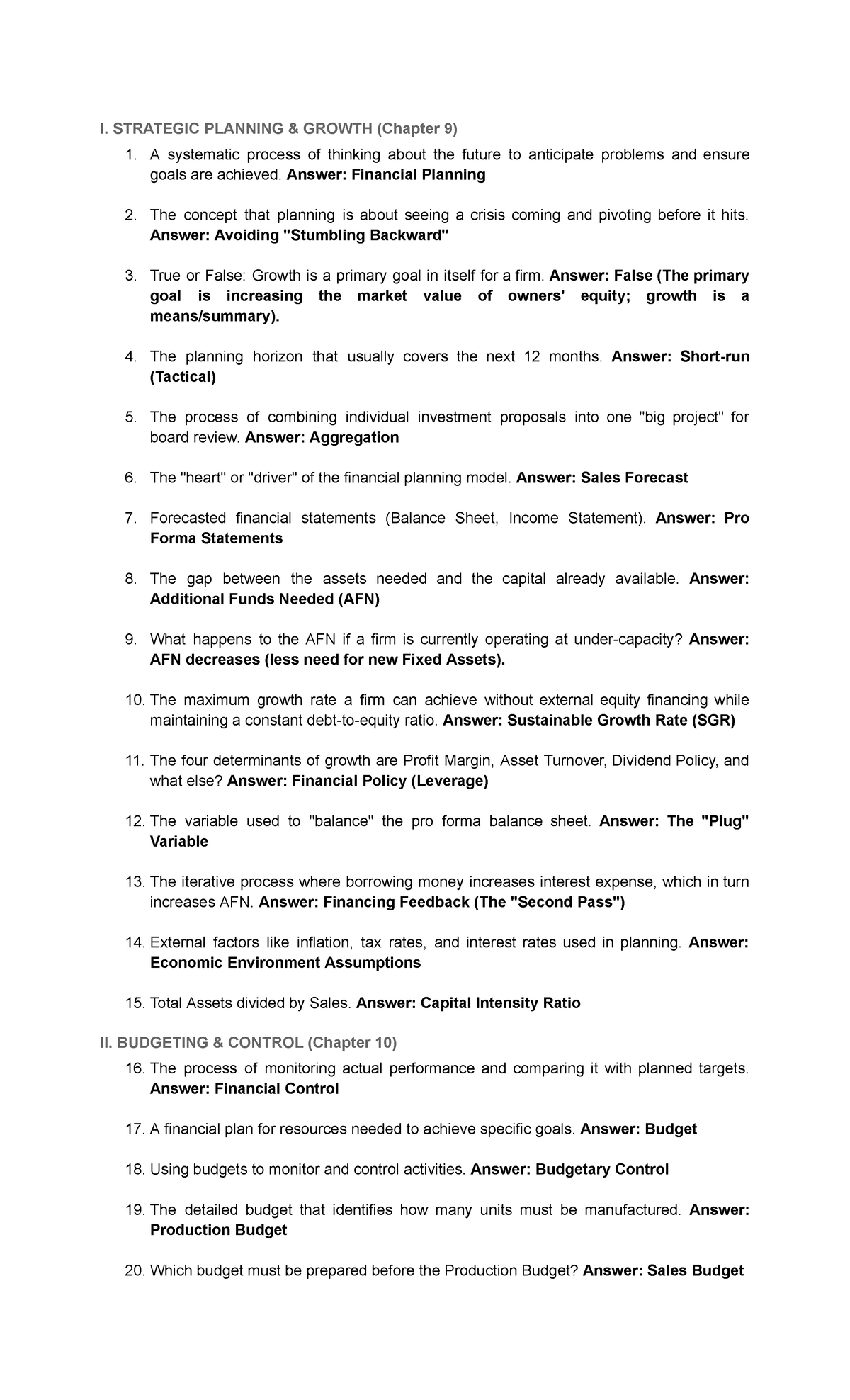 Strategic Planning and Budgeting Control (FIN 101) Quiz Notes - Studocu