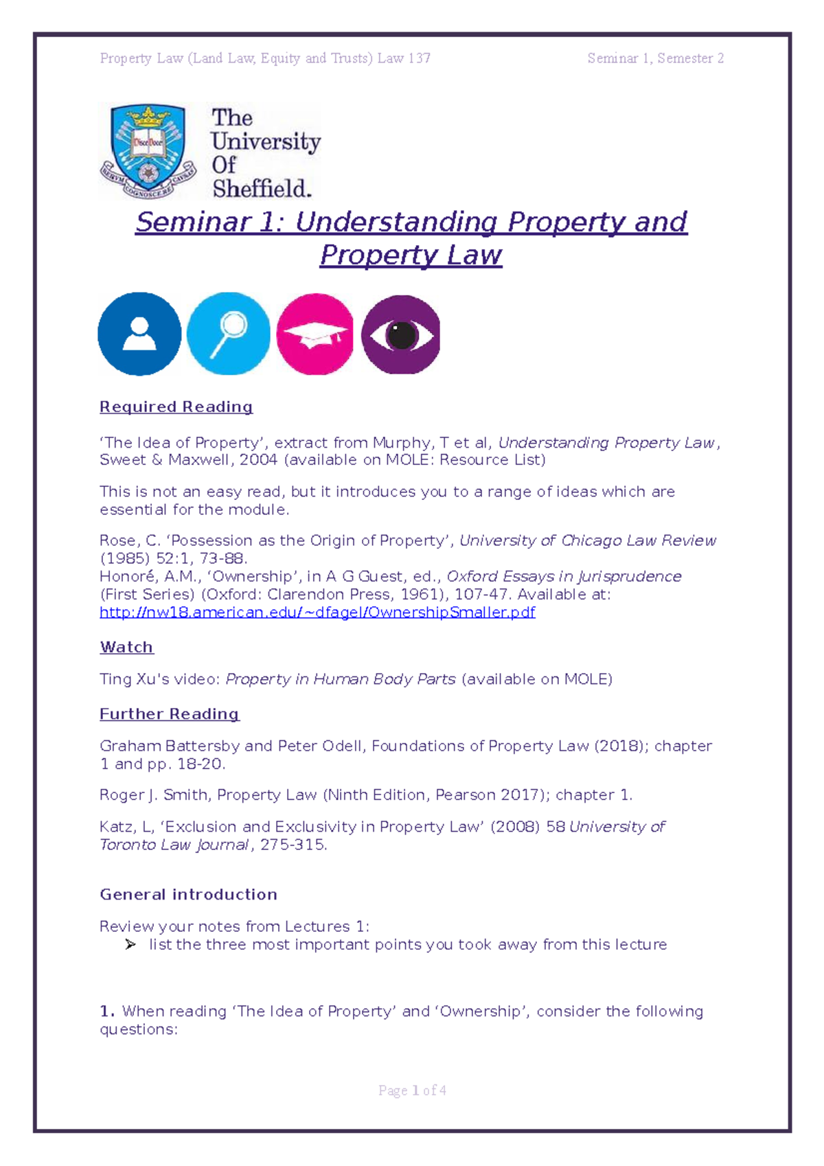 Seminar 1: Overview of Property Concepts and Legal Frameworks - Studocu
