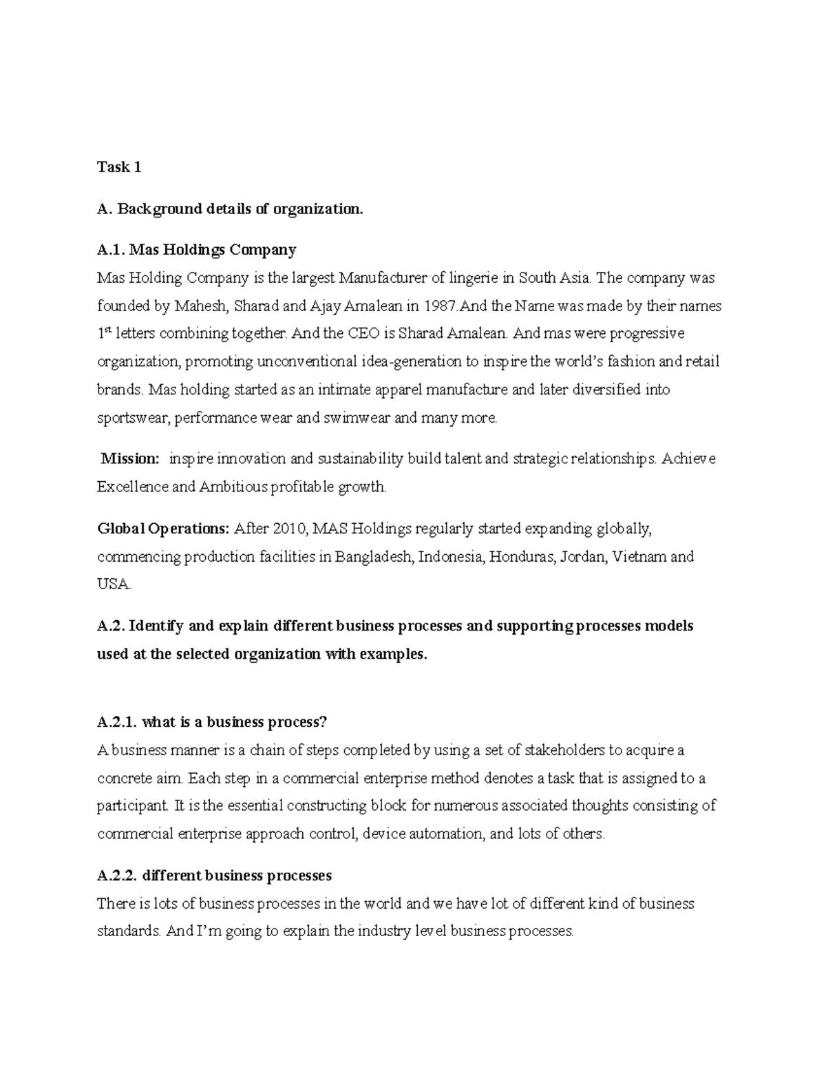 Task 1 mas holdings - Identify and explain different business processes ...