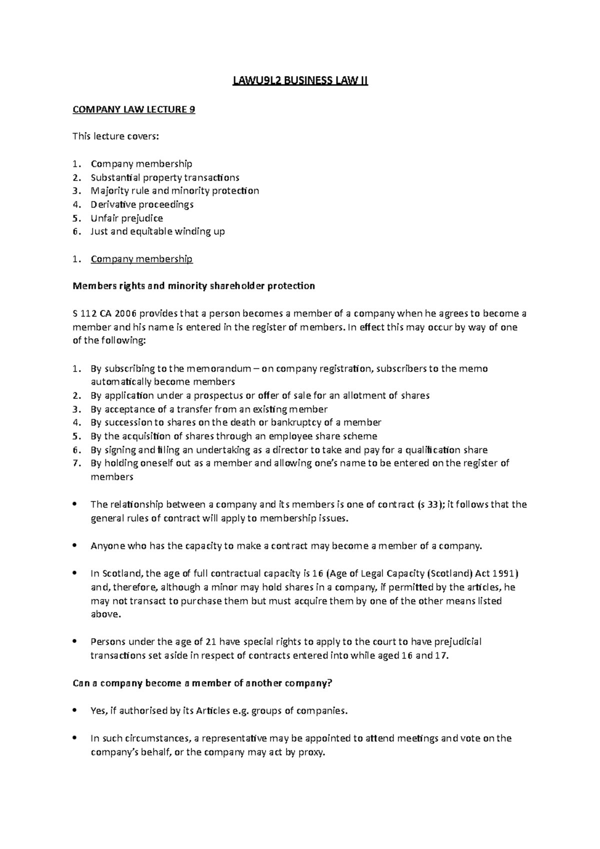 Company LAW WEEK 5 - Lecture notes 9-10 - LAWU9L2 BUSINESS LAW II ...