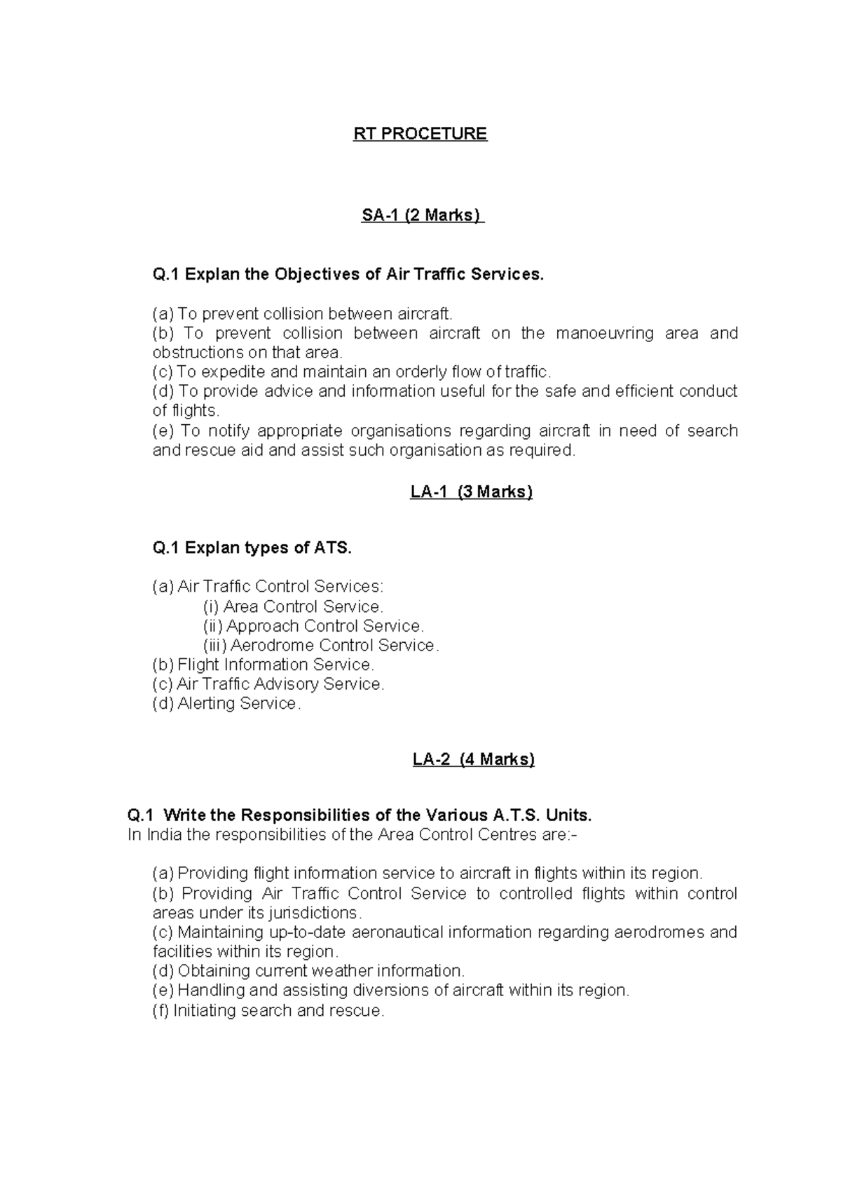 RT Procedure: Objectives & Responsibilities of Air Traffic Services ...