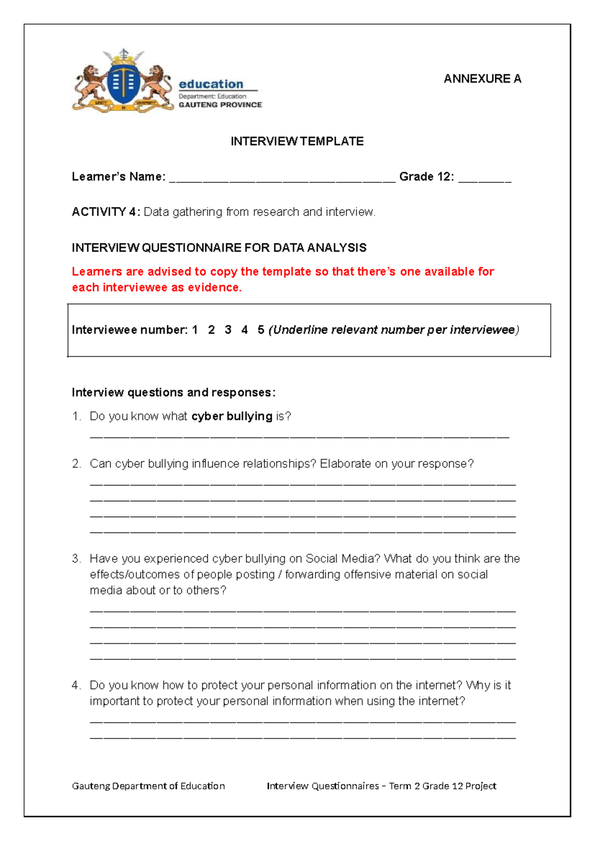 Annexure A - Gr 12 Term 2 Project: Interview Questionnaire Template ...