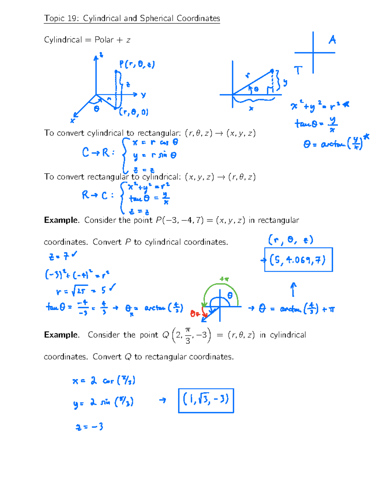 Cylindrical & Spherical Coordinates Notes (Math 101) - Studocu