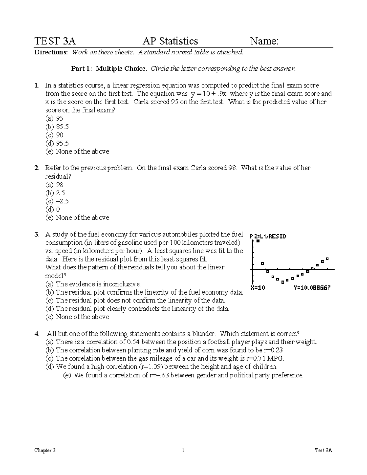 3Ak 1 - Chapter 3A AP Statistics Practice Test Questions - Studocu