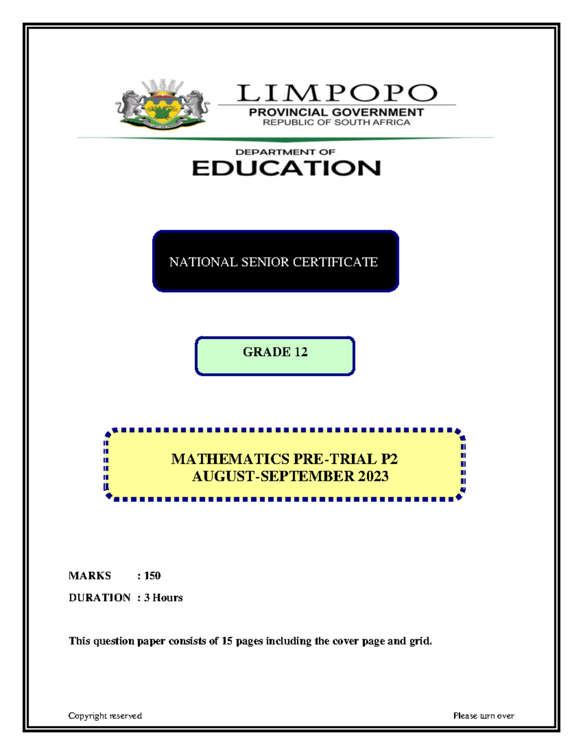 Mathematics NSC-Grade 12 Pre-Trial Exam Paper, August-September 2023 ...