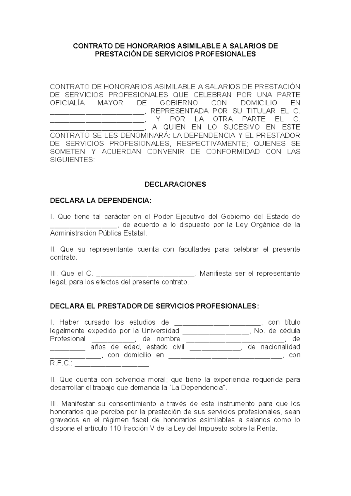 Contrato de Honorarios por Prestación de Servicios a Gobierno - Studocu