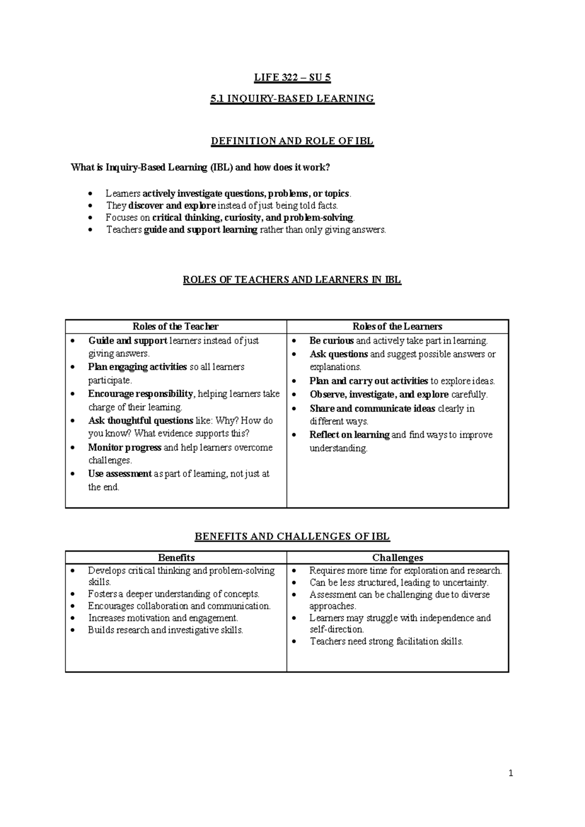 LIFE 322 - SU5 - IBL and Cooperative Learning Strategies Overview - Studocu