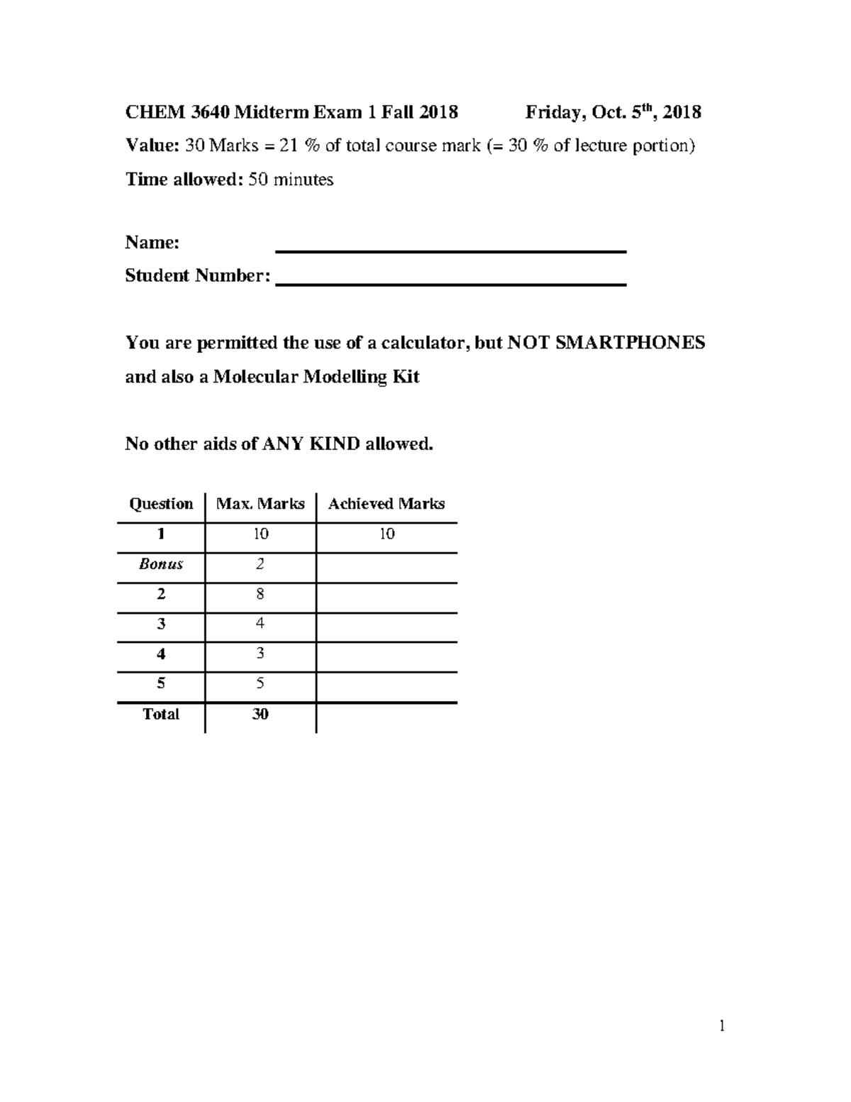 CHEM 3640 Midterm Exam 1 Study Guide - Fall 2018 - Studocu