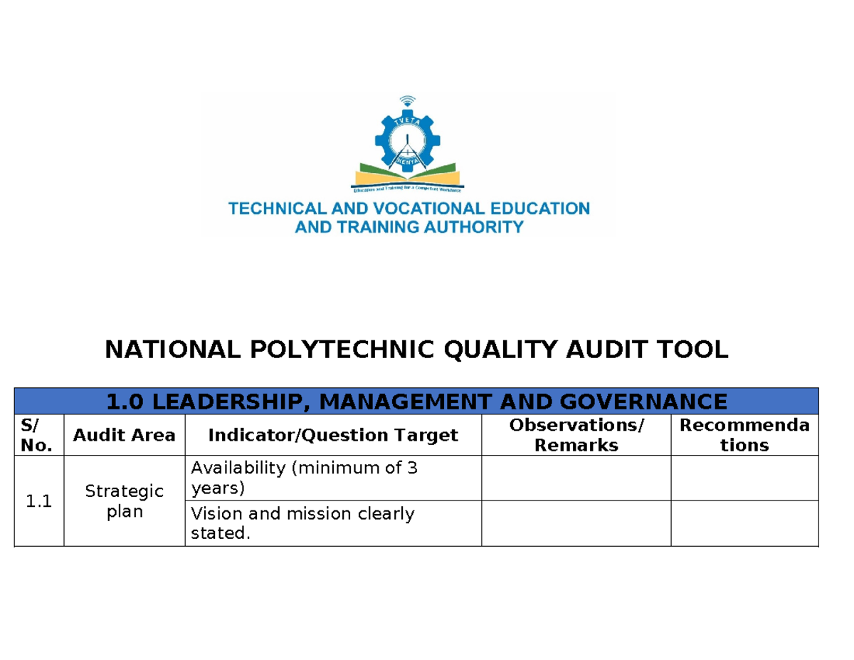 NATIONAL POLYTECHNIC QUALITY AUDIT TOOL 1.1: Leadership & Governance ...