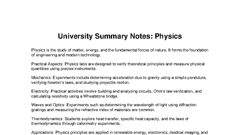 Physics Summary Notes: Key Concepts and Practical Applications - Studocu