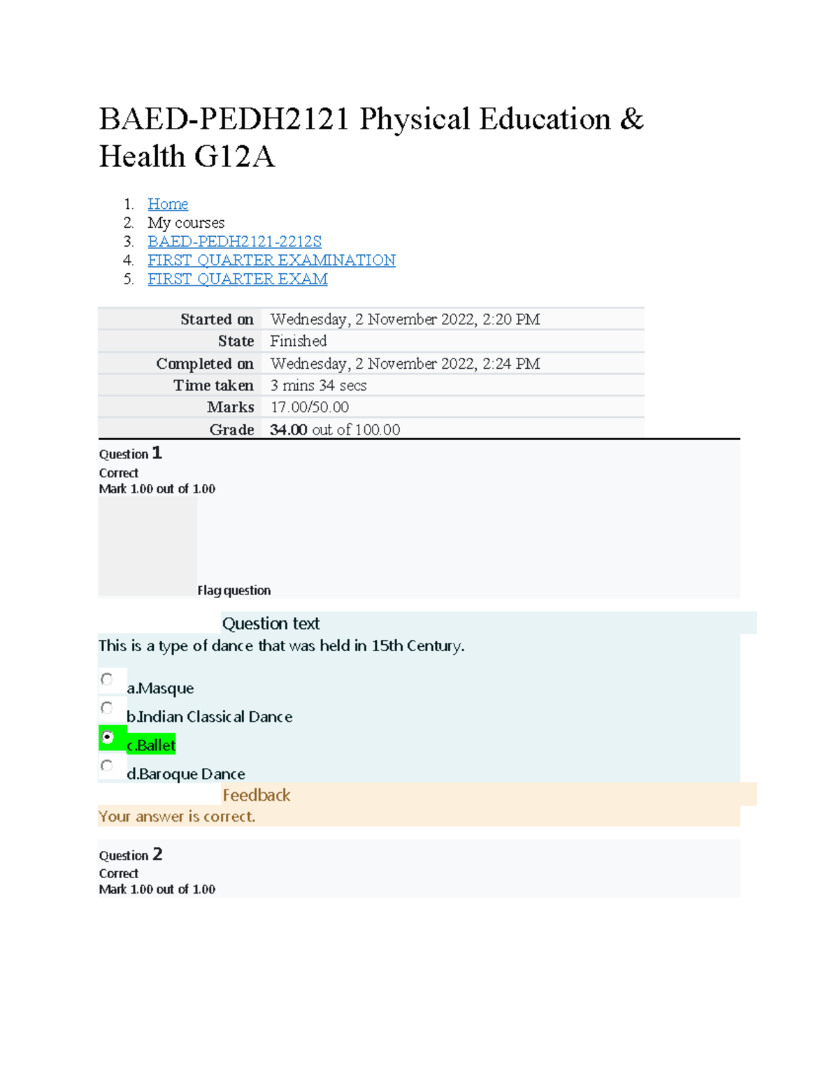 BAED-PEDH2121 G12A First Quarter Exam Report on Physical Dance - Studocu