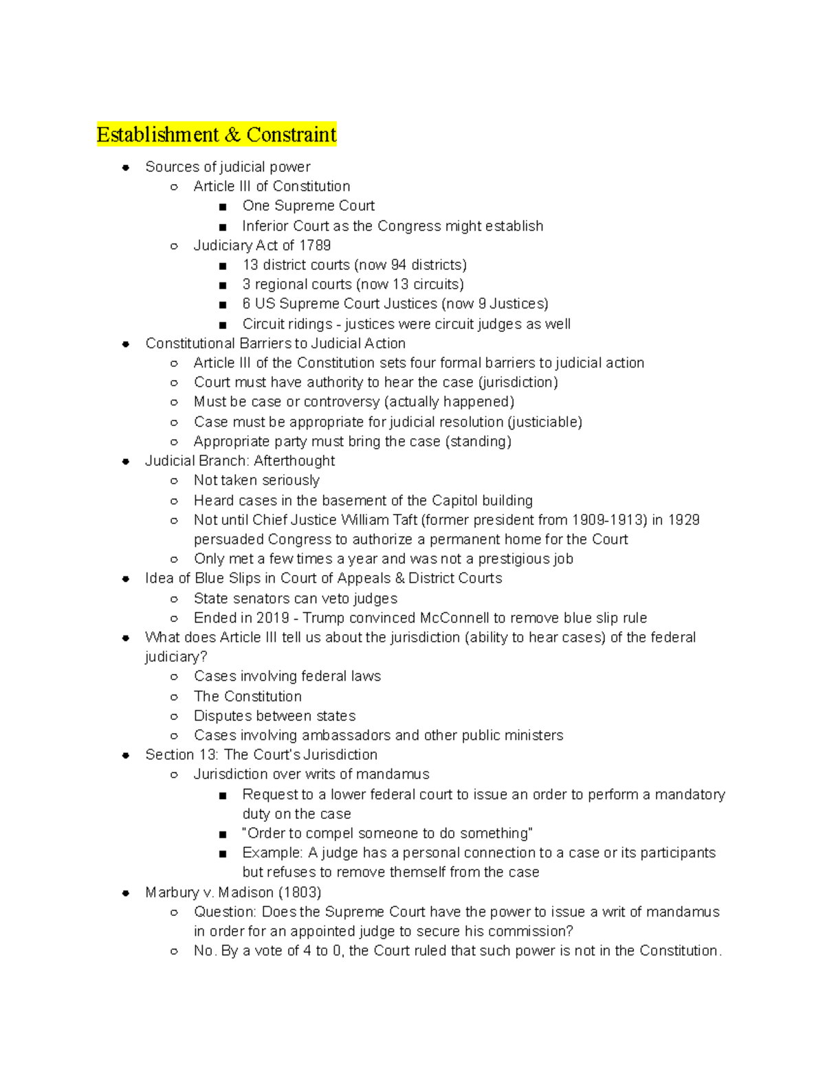 Establishment and Constraint Notes on Judicial Power (POL 101) - Studocu