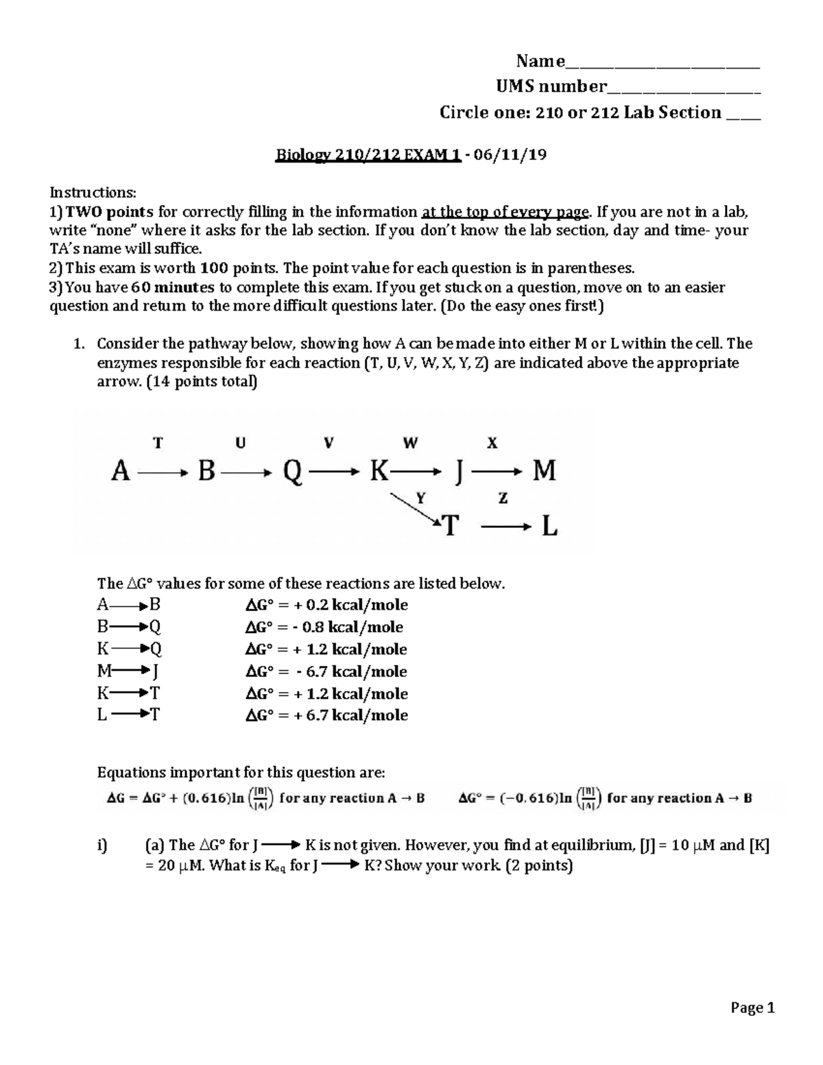 Summer 2019 Biology Exam 1 - UMS 210/212 Lab Section Instructions - Studocu