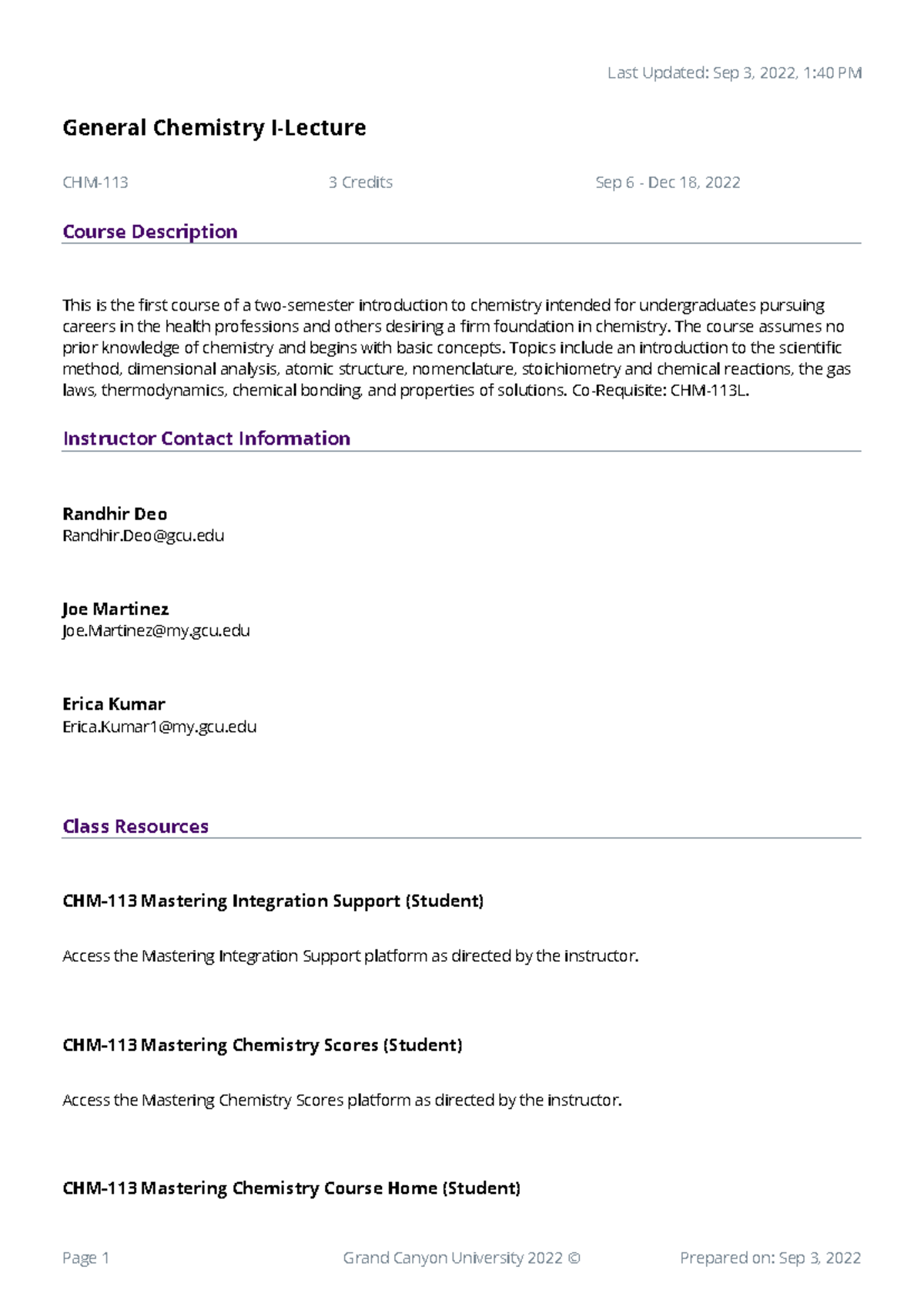 Syllabus for General Chemistry I (CHM-113) - Fall 2022 - Studocu