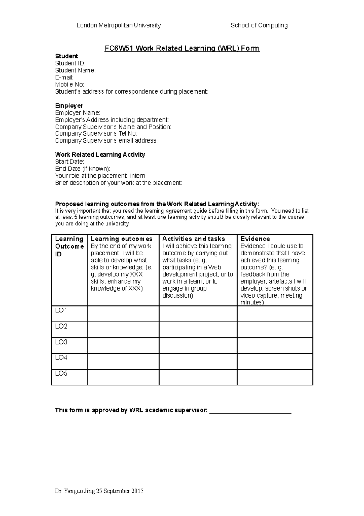 FC6W51 Work Related Learning (WRL) Form - Sample Submission Document ...