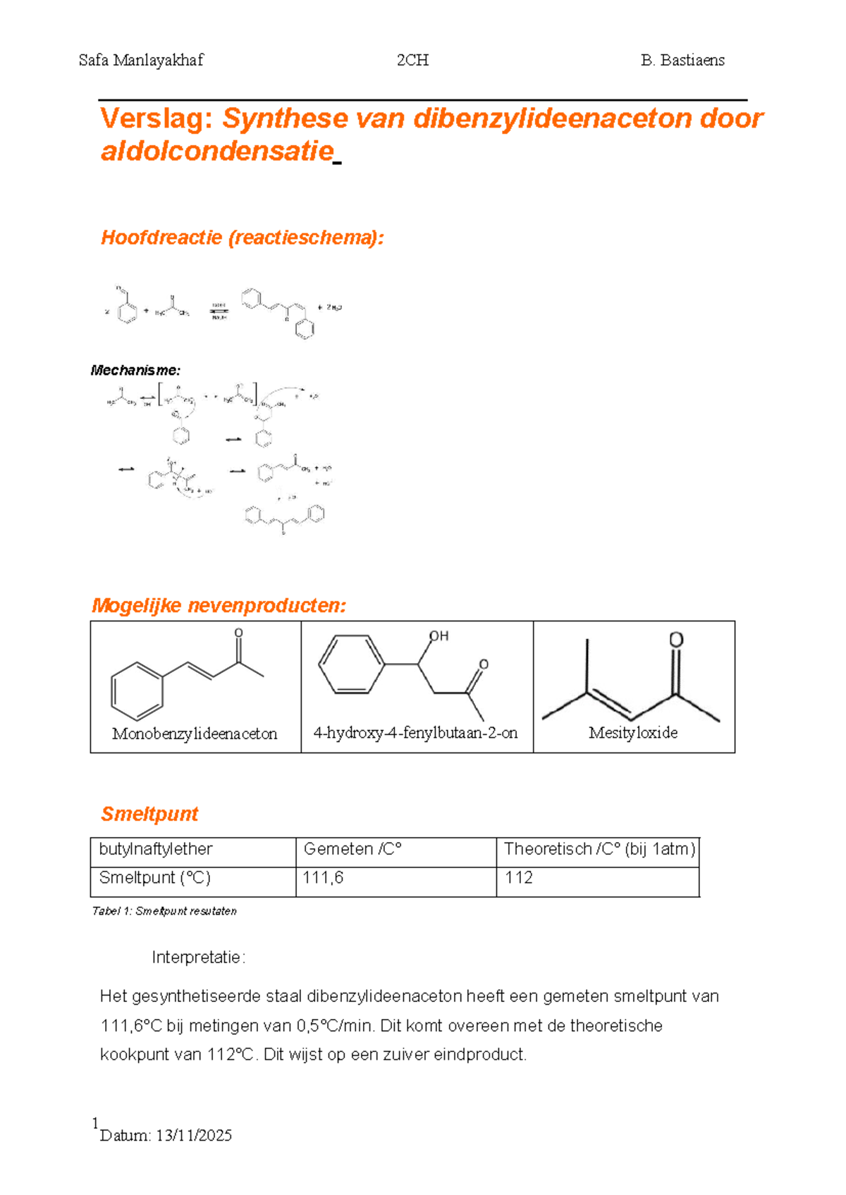 Verslag: Synthese van Dibenzylideenaceton door Aldolcondensatie (2CH ...