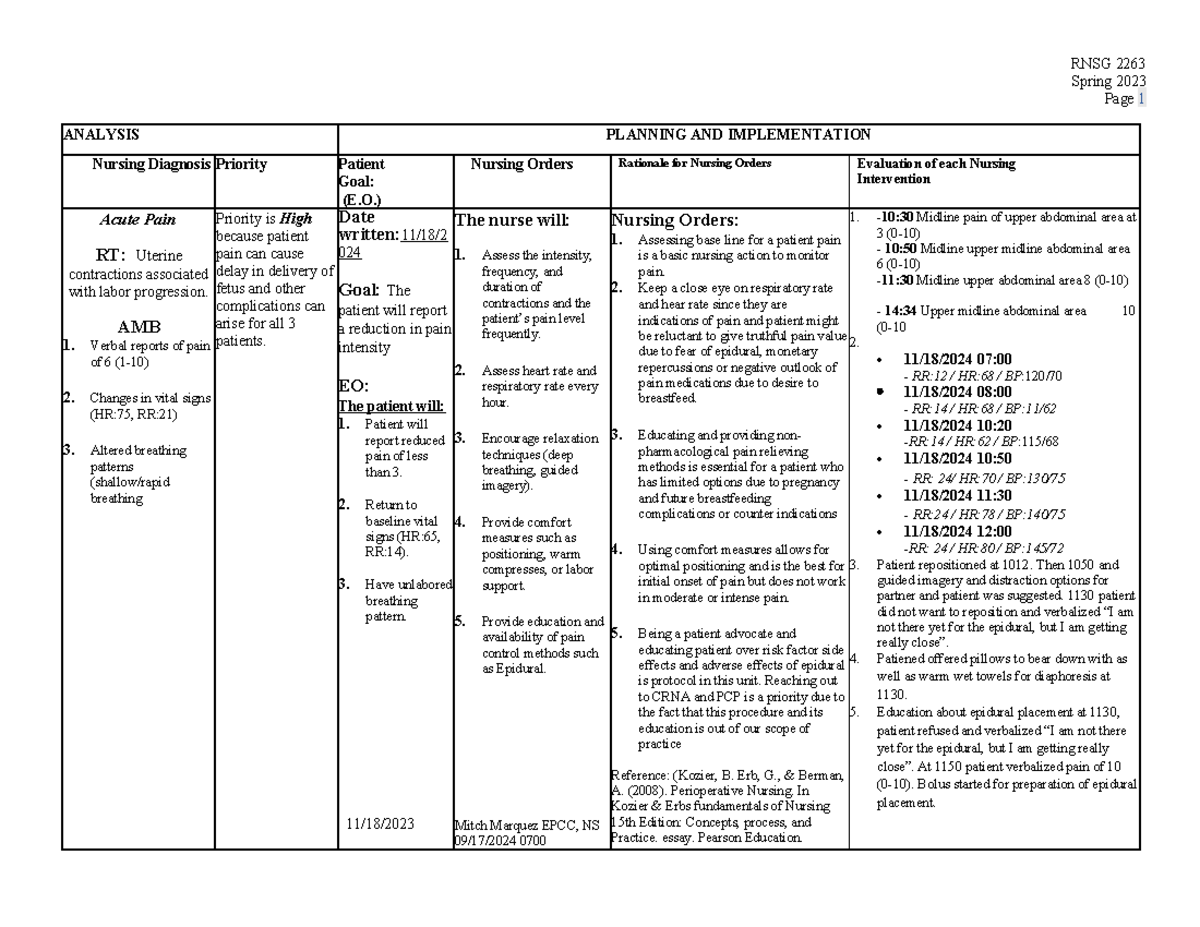 NURSING CARE PLAN: Acute Pain Management in Labor - RNSG 2263 - Studocu