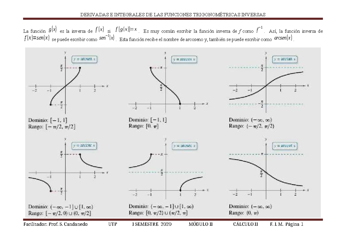 Derivadas e Integrales de Funciones Trigonométricas Inversas - CÁLCULO ...