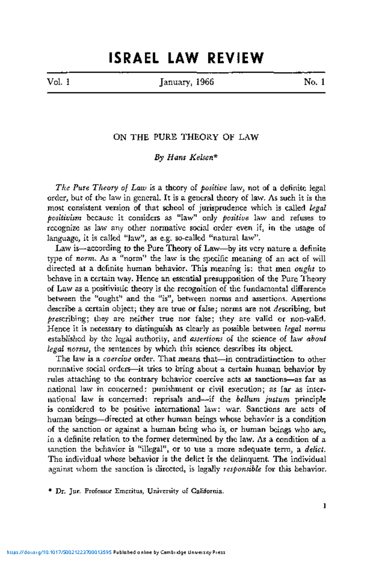 ISRAEL LAW REVIEW Vol. 1 Jan 1966 No. 1: The Pure Theory of Law - Studocu