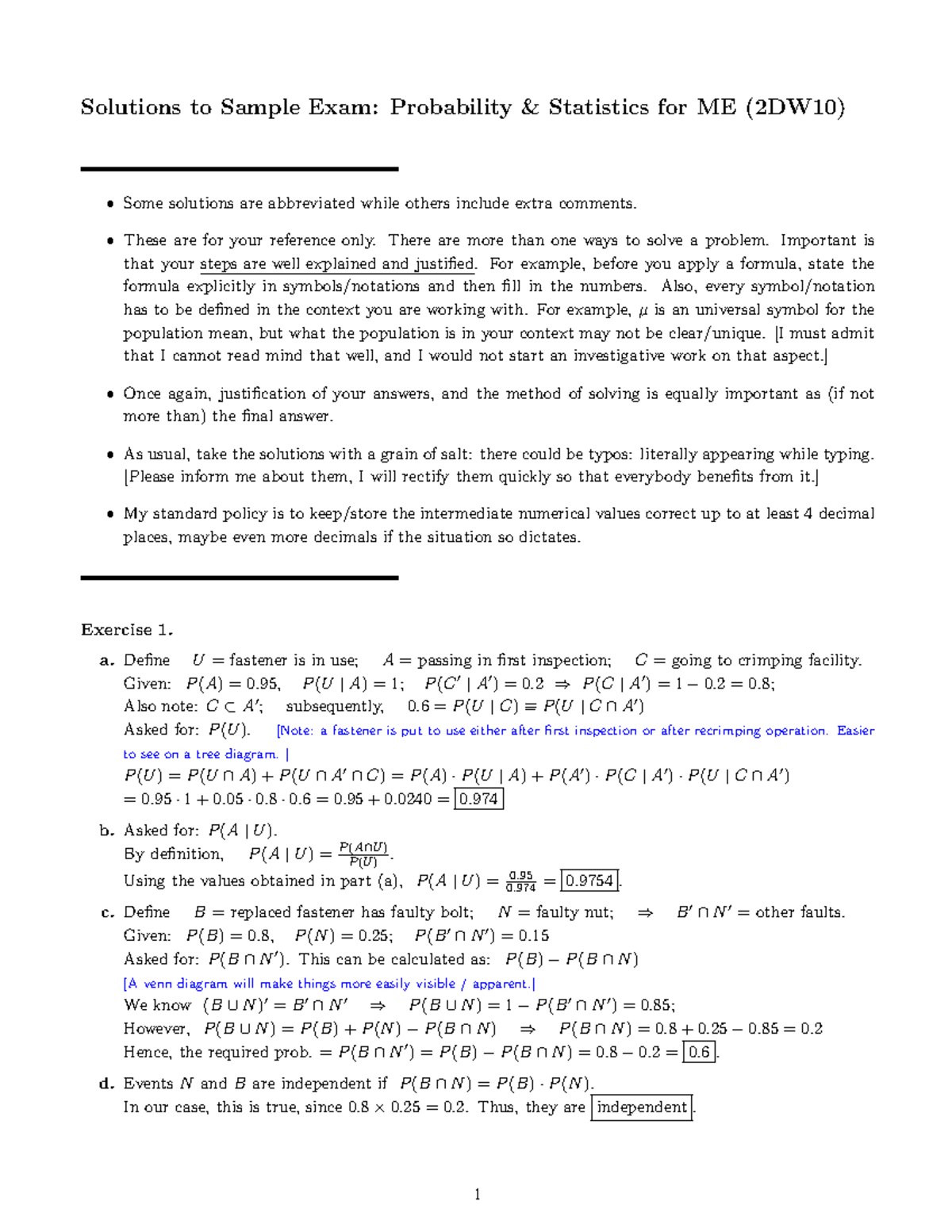 Sample Exam Solutions: Probability Statistics for ME (2DW10) - Studeersnel