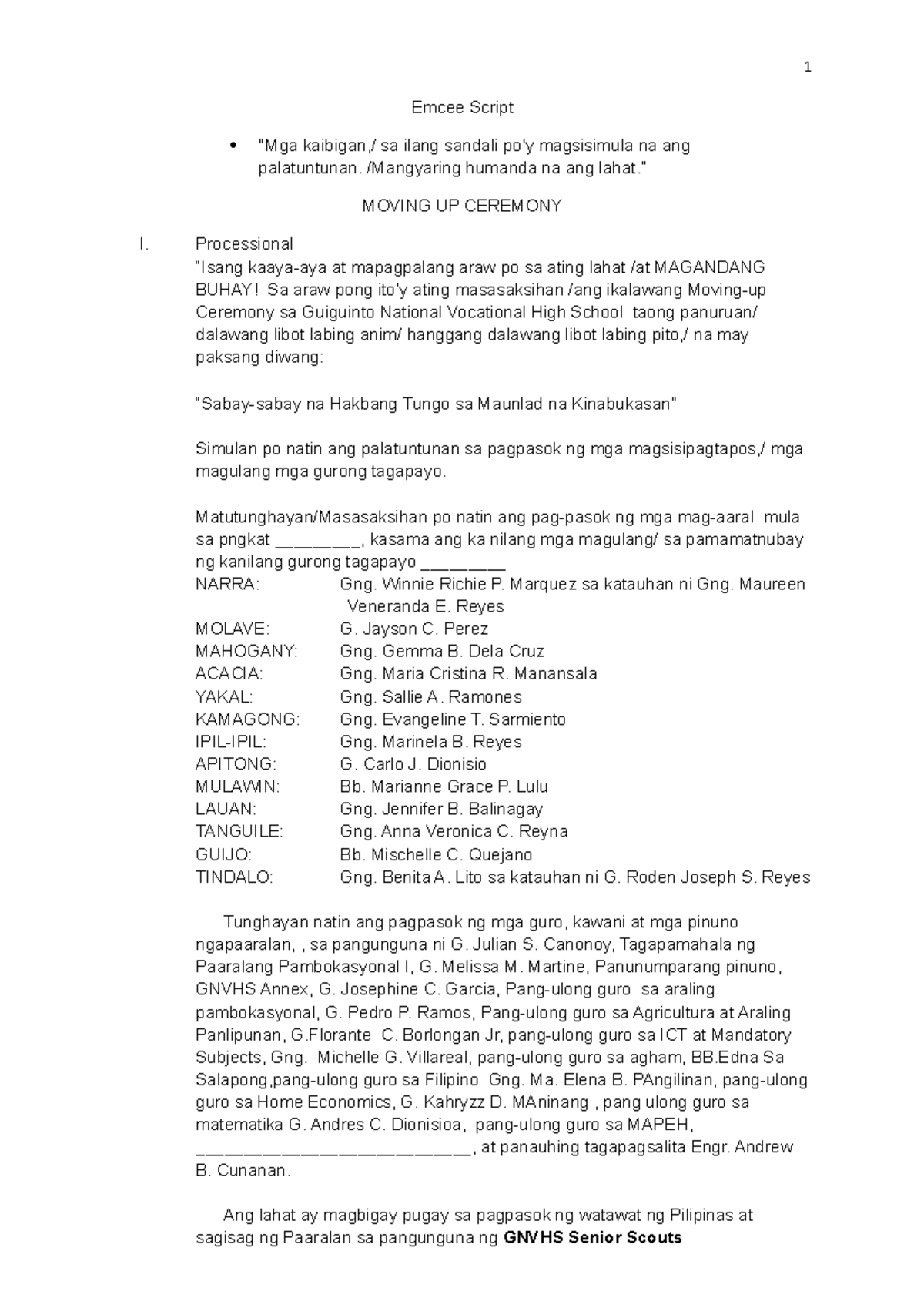 GNVHS Moving Up Ceremony Emcee Script 2016-2017 - Studocu
