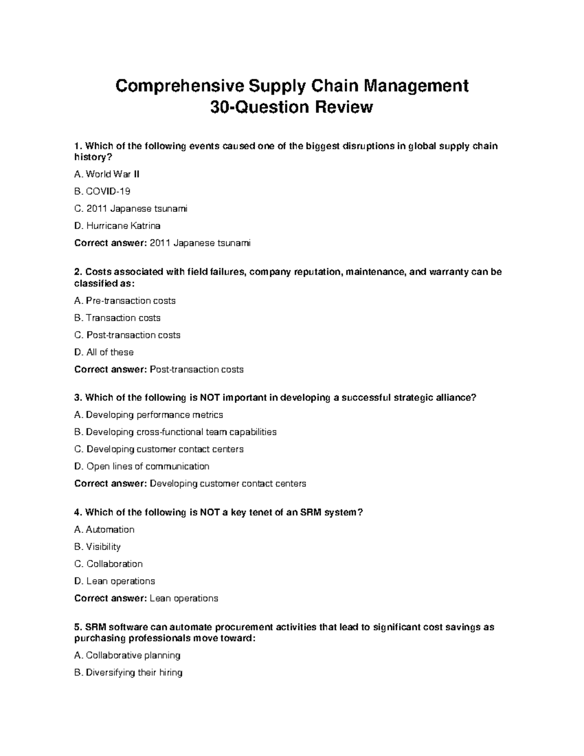 Comprehensive SCM 30 Question Review for Supply Chain Management - Studocu