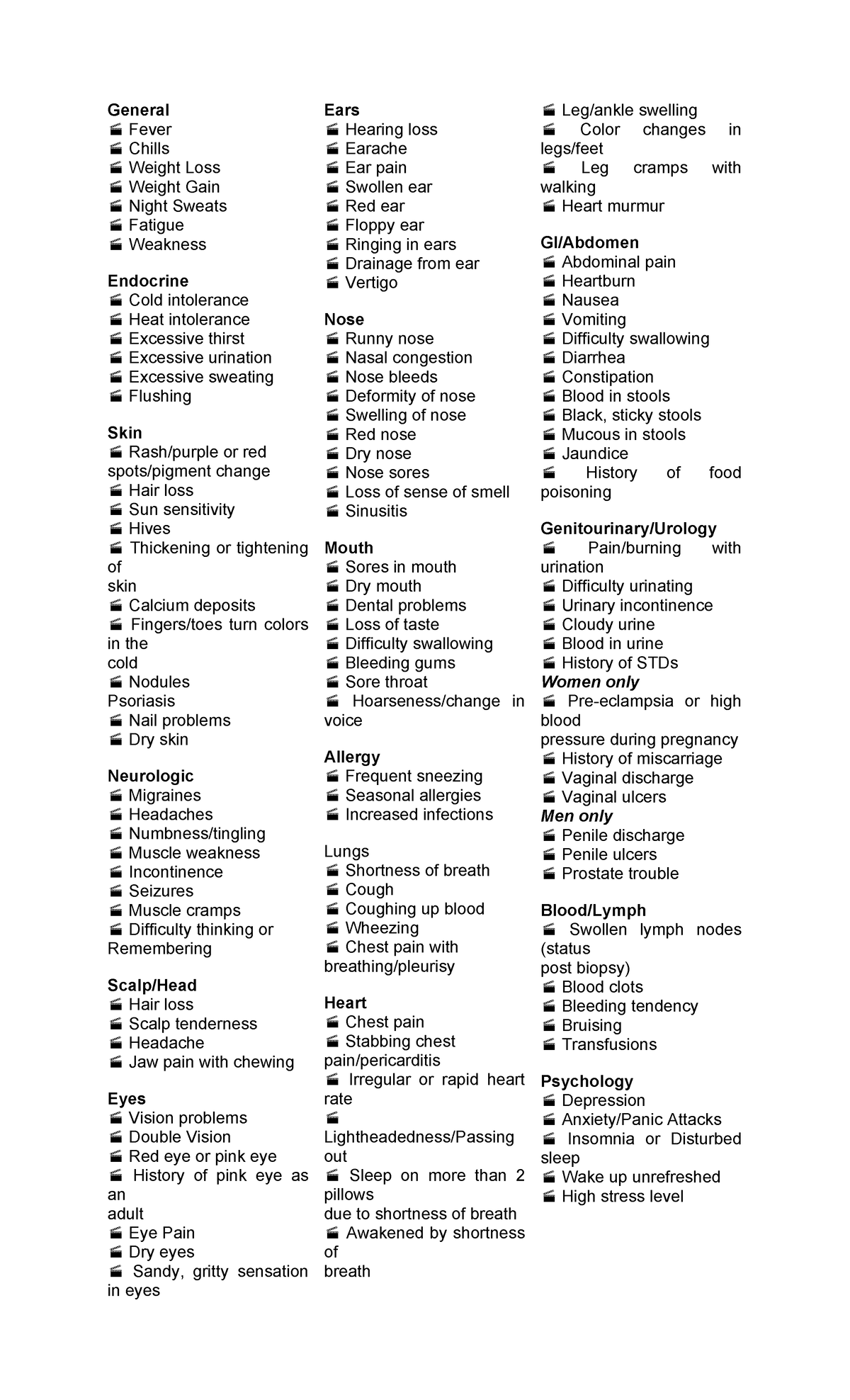 Review of Systems - 1234: Comprehensive Symptom Checklist - Studocu