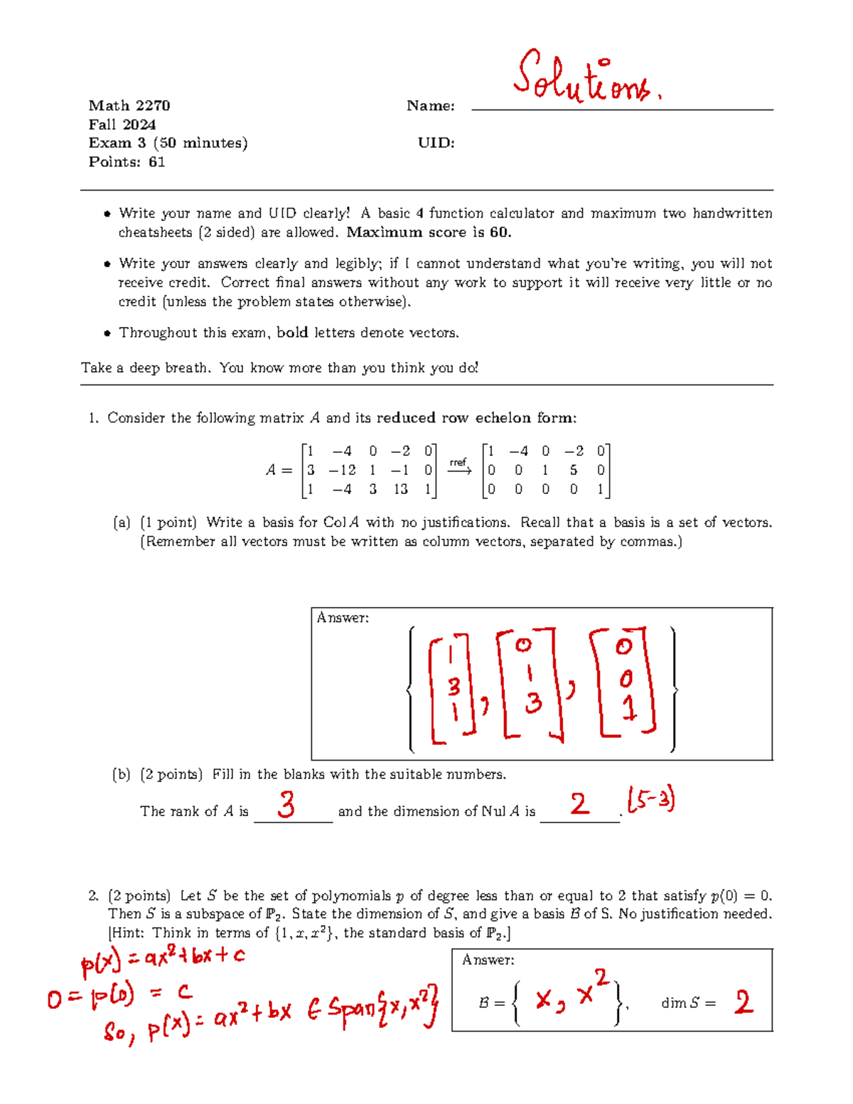 Exam+3+Solutions+1 - Practice - Math 2270 Name: Fall 2024 Exam 3 (50 ...