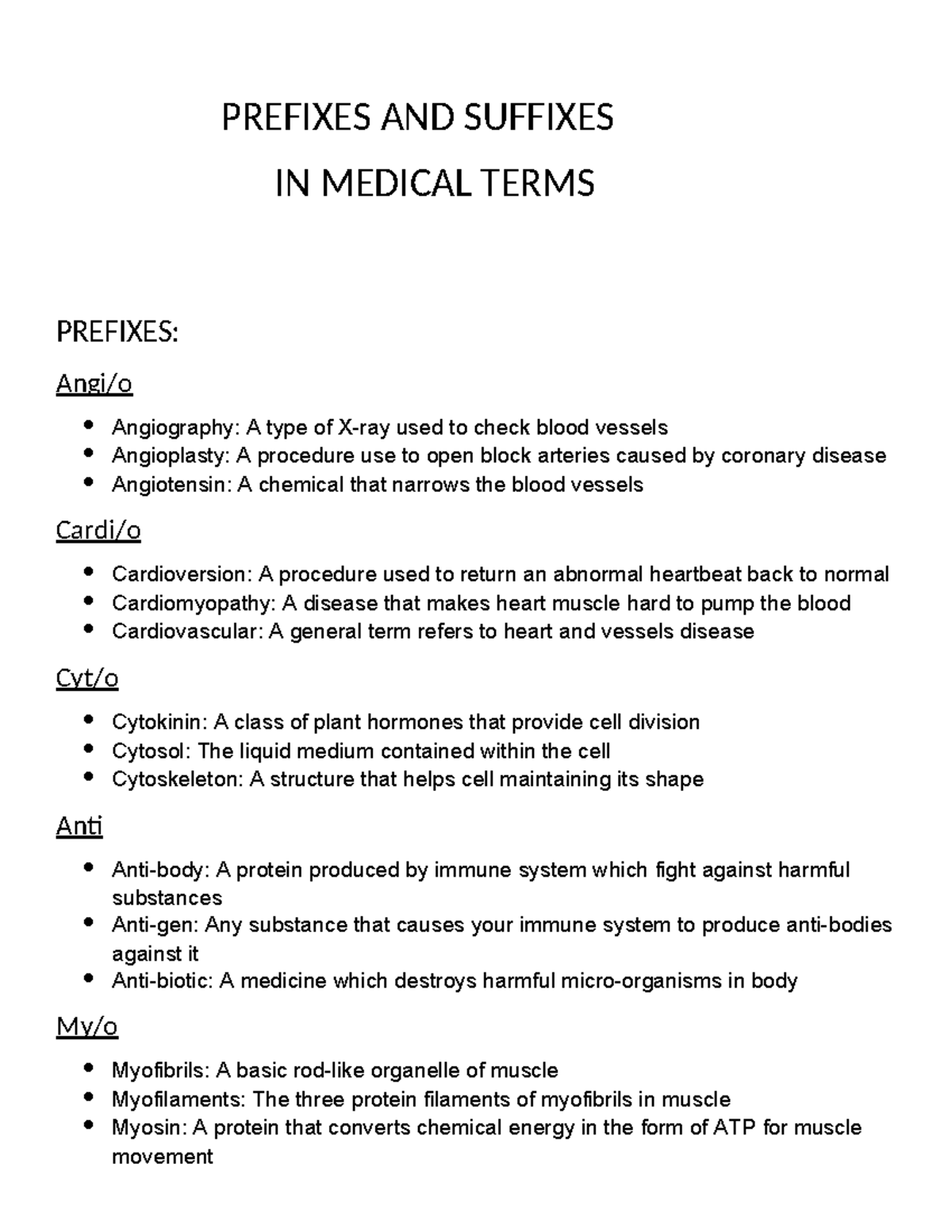 English - bjkkbk - PREFIXES AND SUFFIXES IN MEDICAL TERMS PREFIXES ...