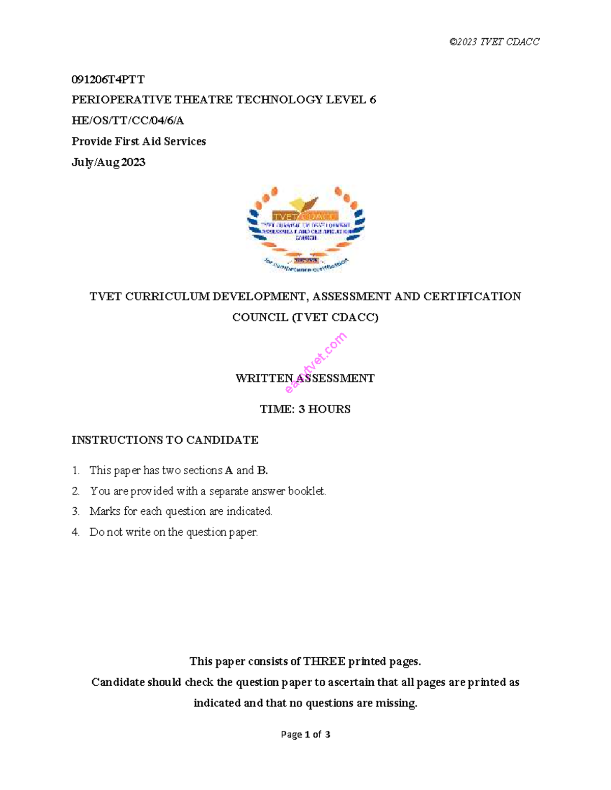 TVET CDACC 091206T4PTT Level 6 First Aid Services Assessment 2023 - Studocu