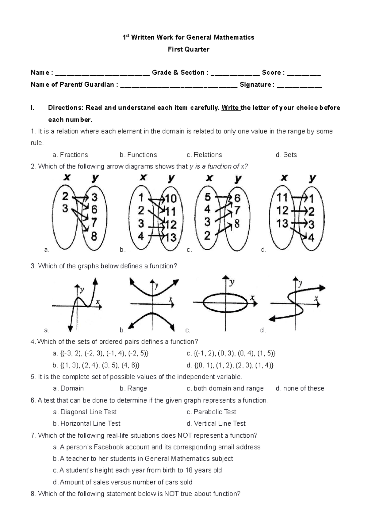 General Mathematics 1st Written Work Q1 - Functions and Evaluations ...