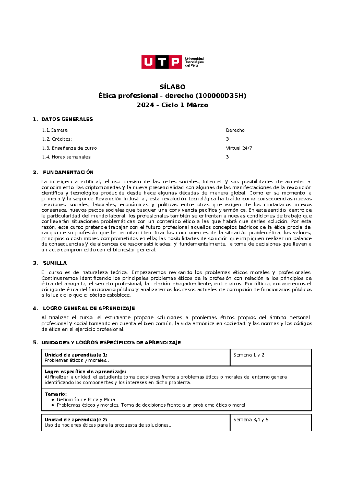 Sílabos de Ética Profesional en Derecho (100000 D35H) - Ciclo 2024 - Document Preview