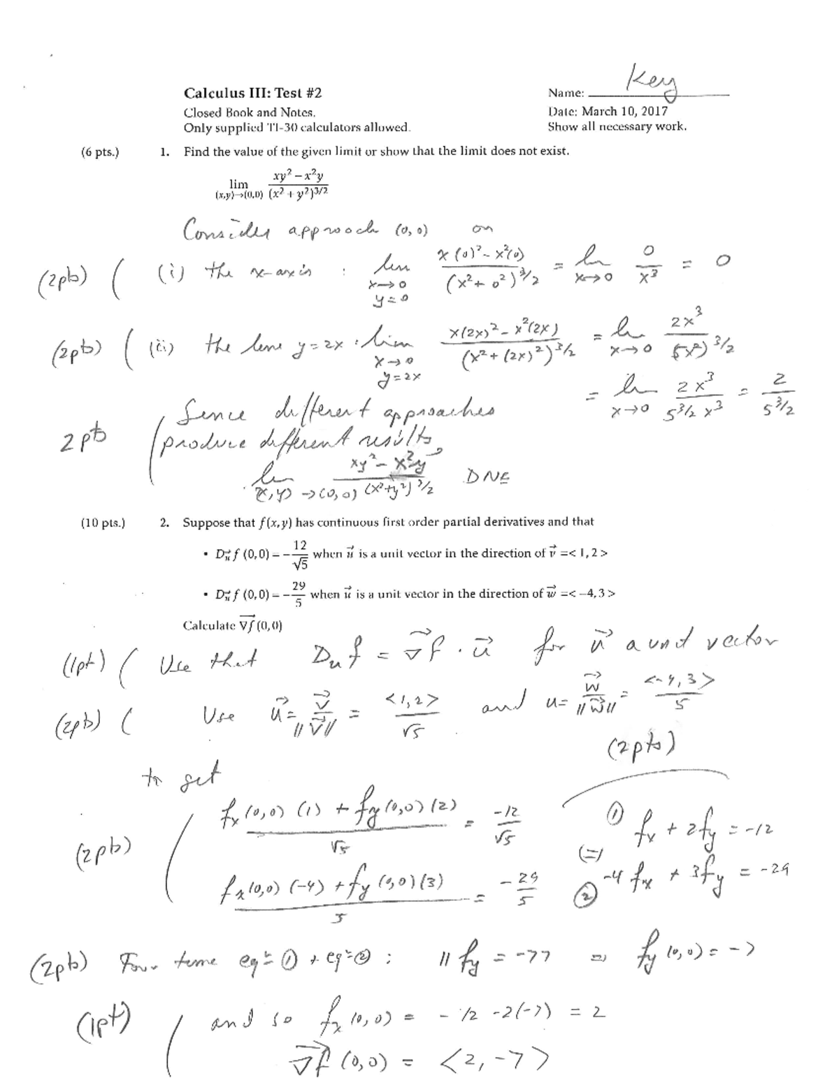 Test 2 Spring 2017 March Key - Calculus Test Name: Key Closed Book and ...
