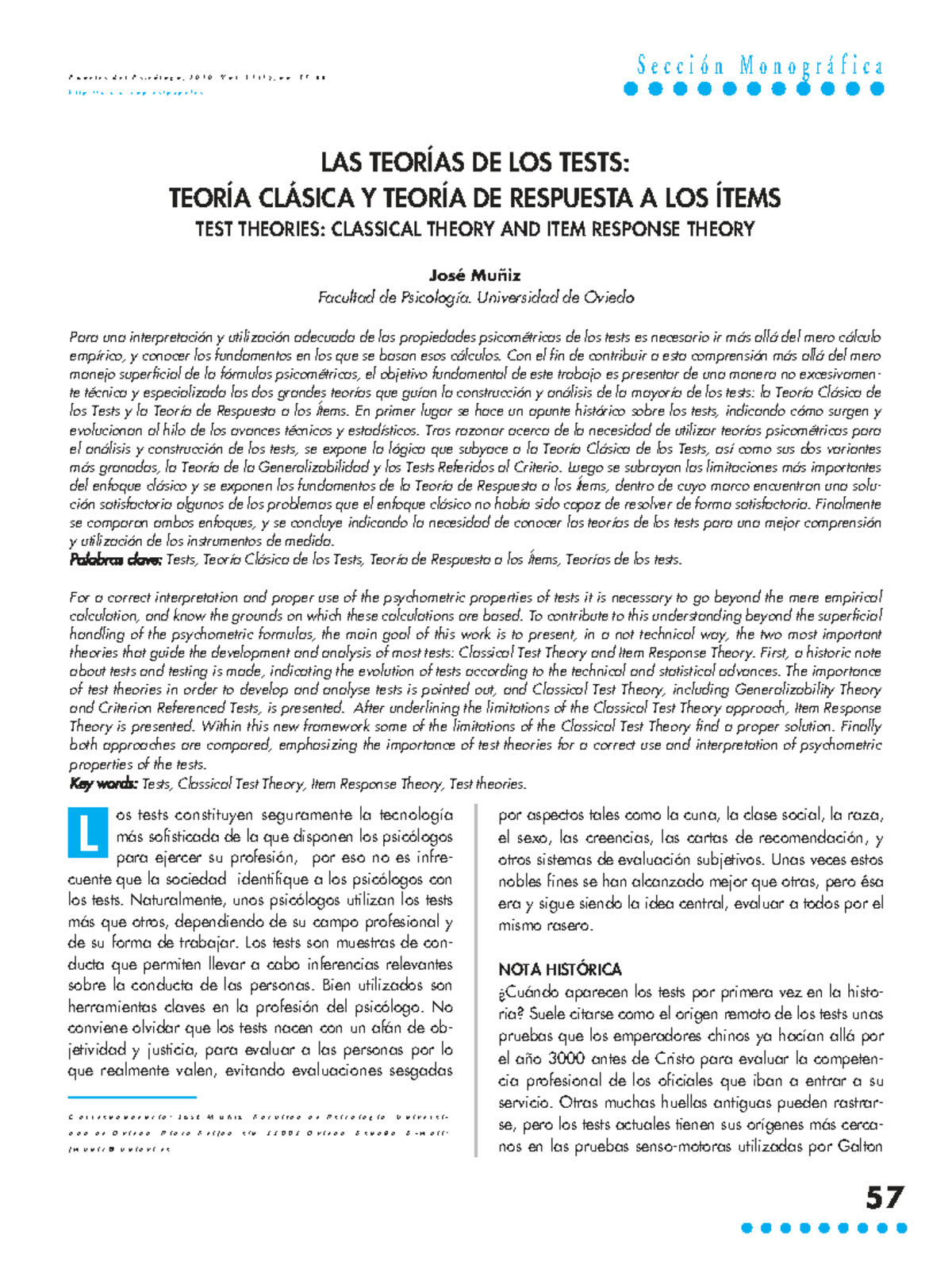 Teorías de los Tests: Clásica y Respuesta a Ítems - Análisis ...
