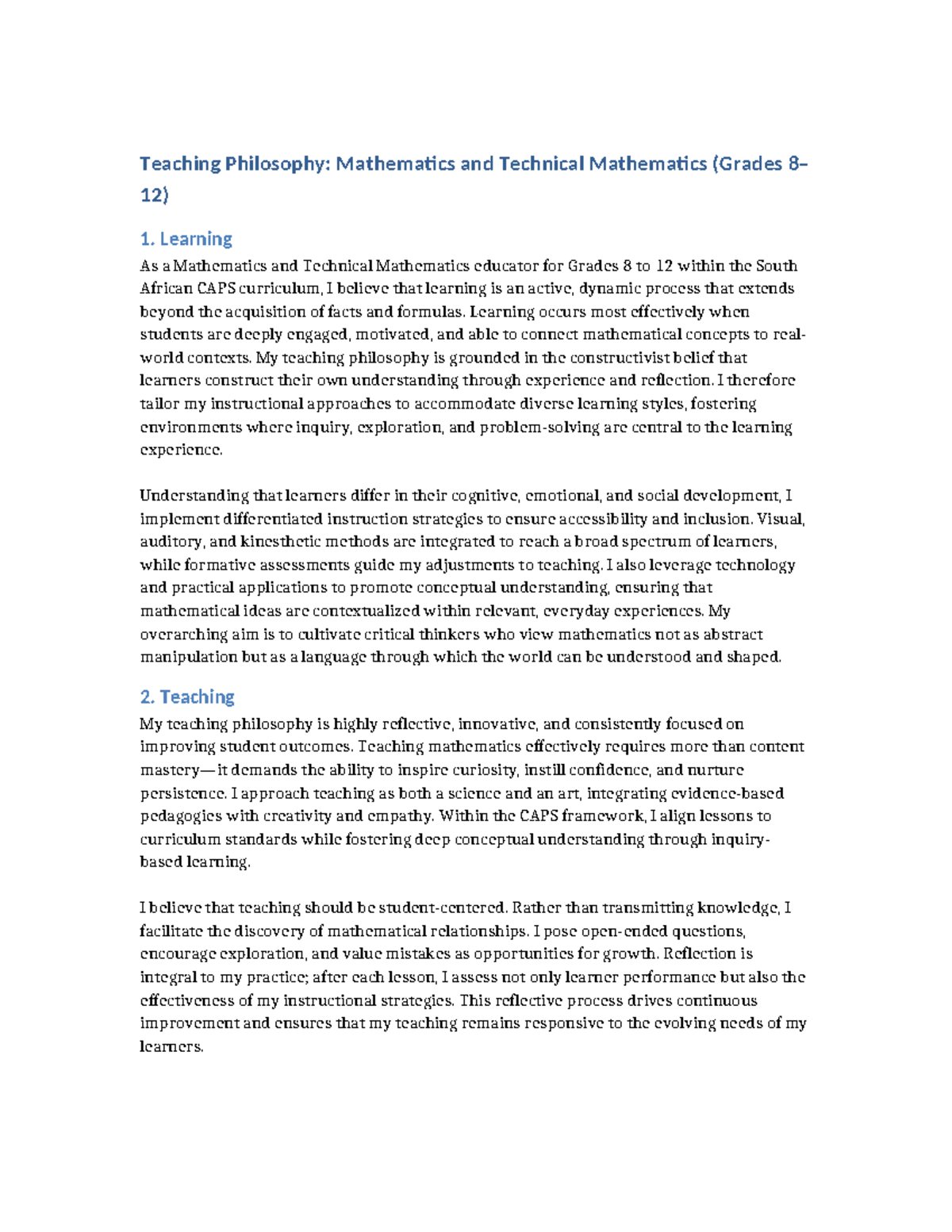 Teaching Philosophy for Mathematics (Grades 8-12) in CAPS Curriculum ...
