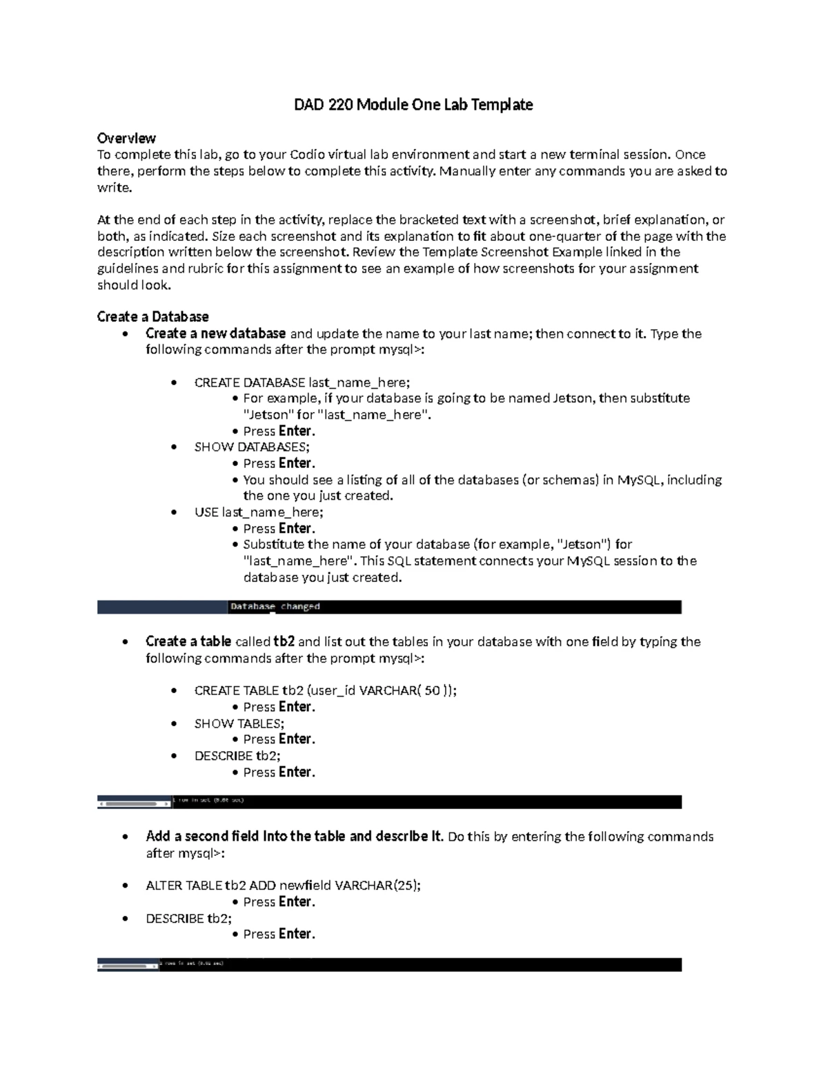 DAD 220 Project One: Database Creation and Data Operations Guide - Studocu